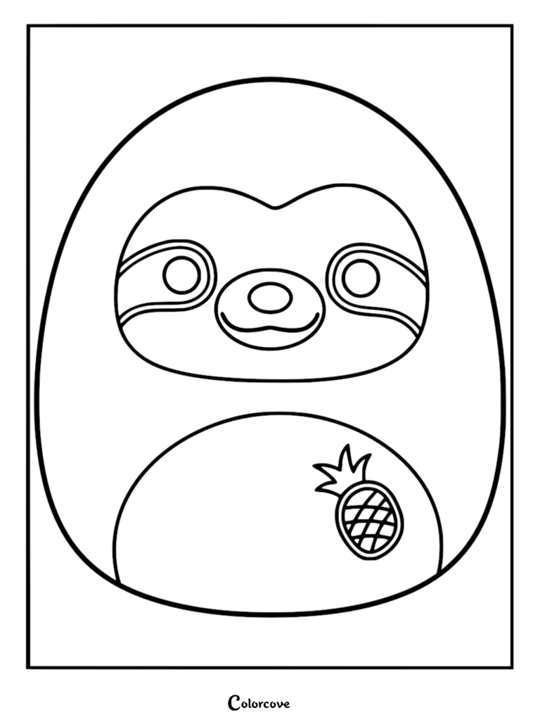 Dibujo para colorear de Bermuda el perezoso con aroma a piña Squishmallow con un lindo personaje de perezoso con un pequeño icono de piña en la barriga.