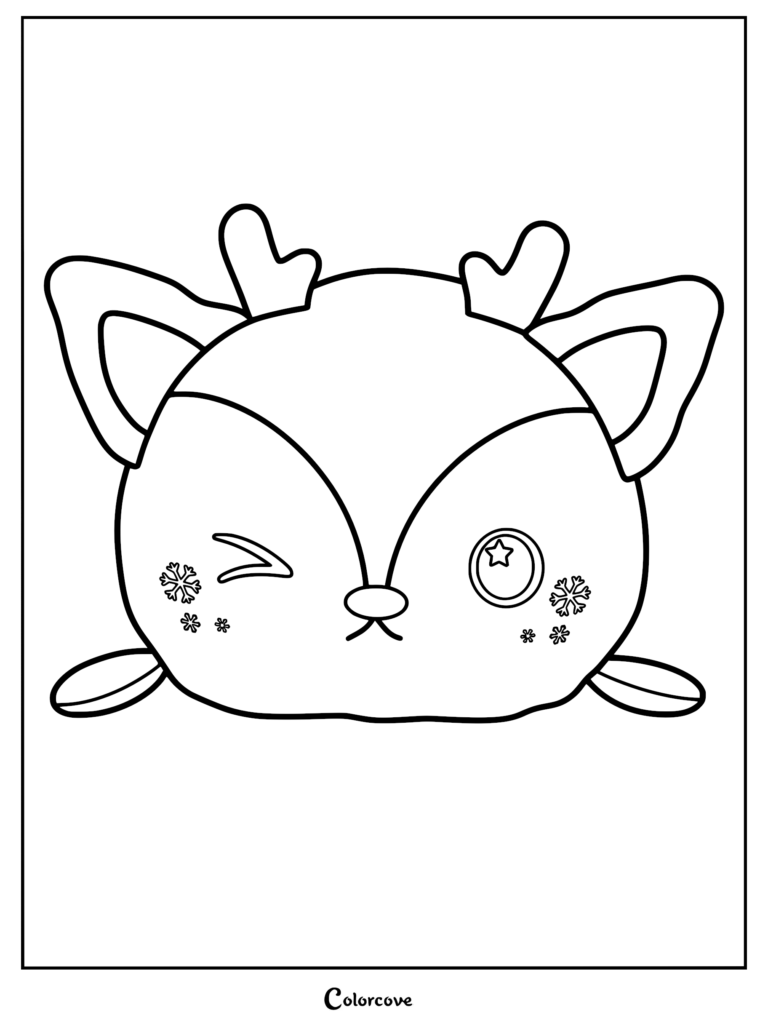 Un dibujo para colorear de Squishmallow imprimible de Blitzy el ciervo con astas, un ojo guiñando un ojo, una pupila en forma de estrella y copos de nieve decorativos en las mejillas.