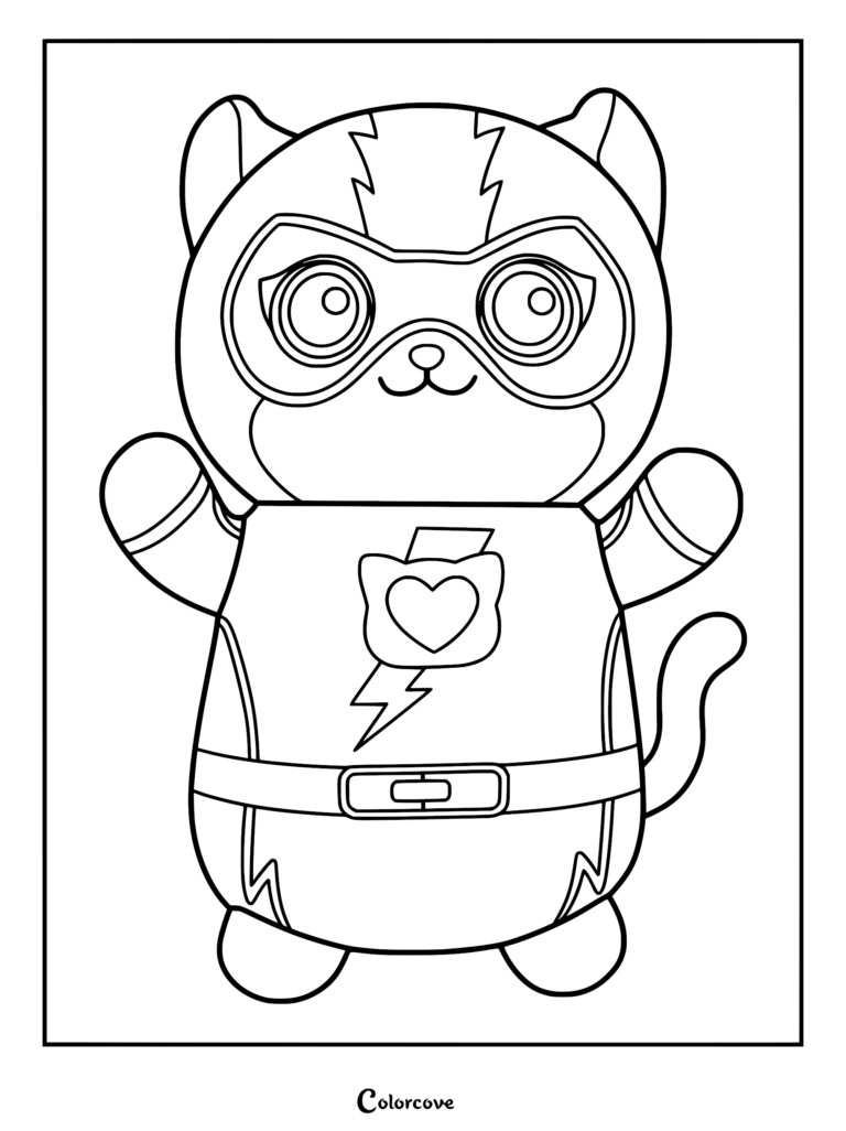 Un dibujo para colorear imprimible con Buddy el Hugmee Squishmallow que lleva una máscara de superhéroe, un emblema de rayo con un corazón y un cinturón de herramientas.