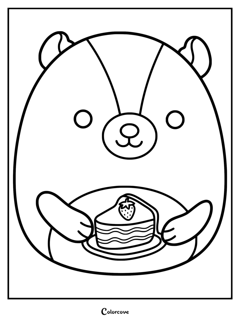 Un dibujo para colorear imprimible con Caspian la Mofeta Morada Squishmallow sosteniendo una porción de pastel de fresas en capas.