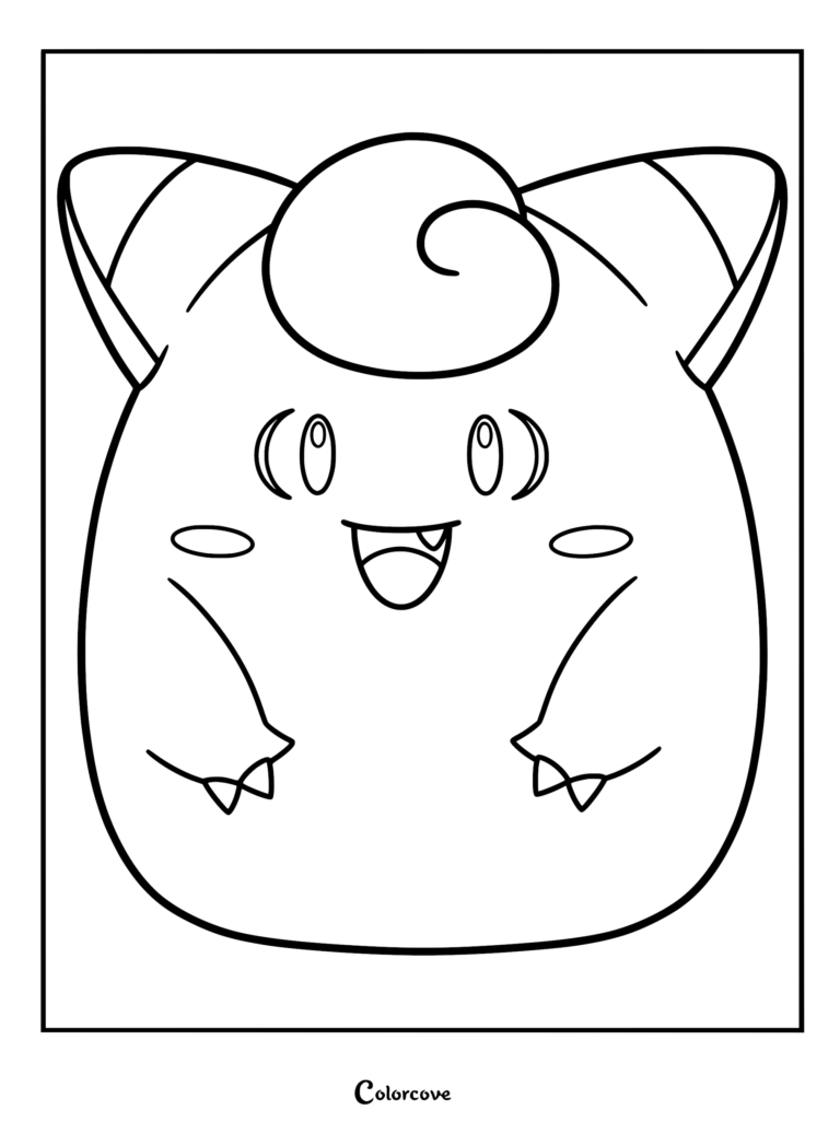 Una página para colorear imprimible con un Clefairy dibujado en la estética redonda y de peluche de un Squishmallow con grandes ojos y un mechón rizado.