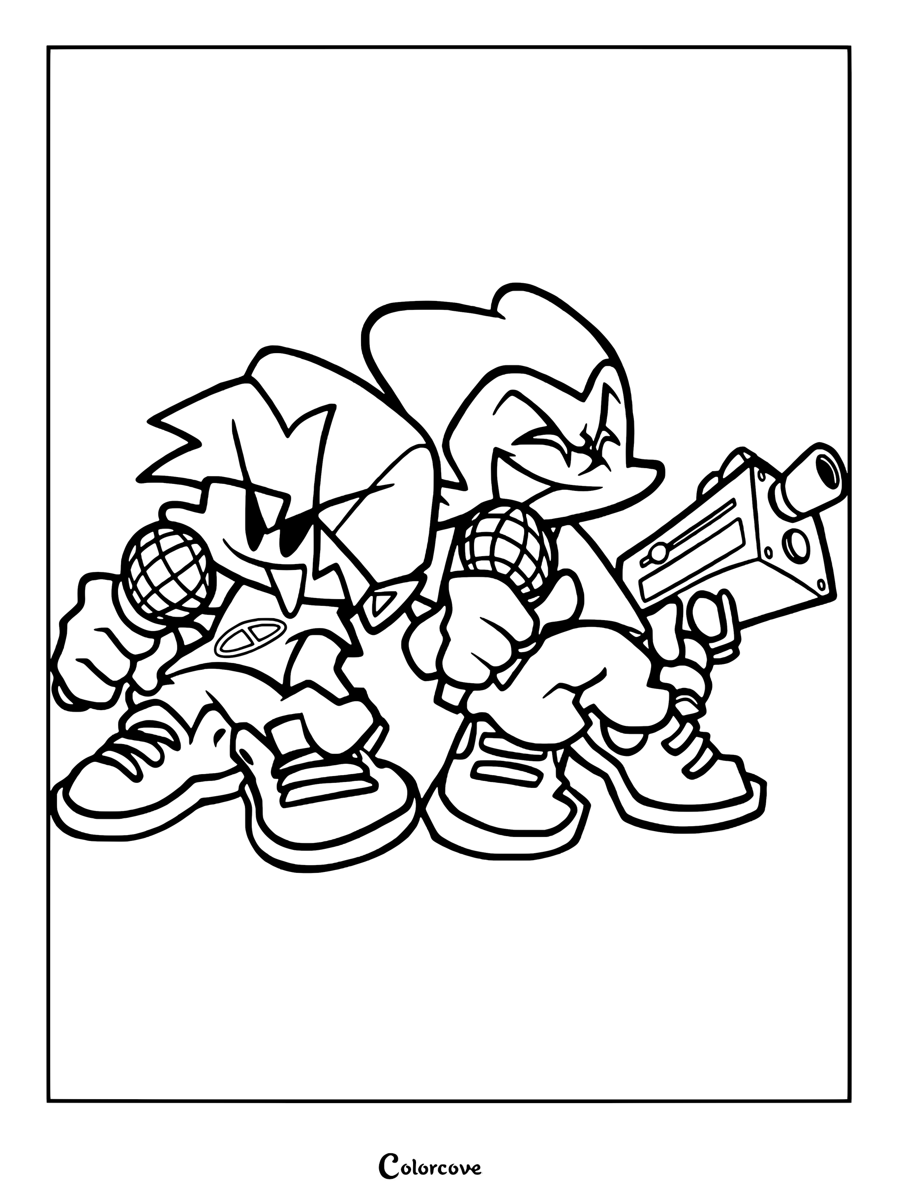 Un coloriage à imprimer mettant en scène Boyfriend et Pico de Friday Night Funkin.