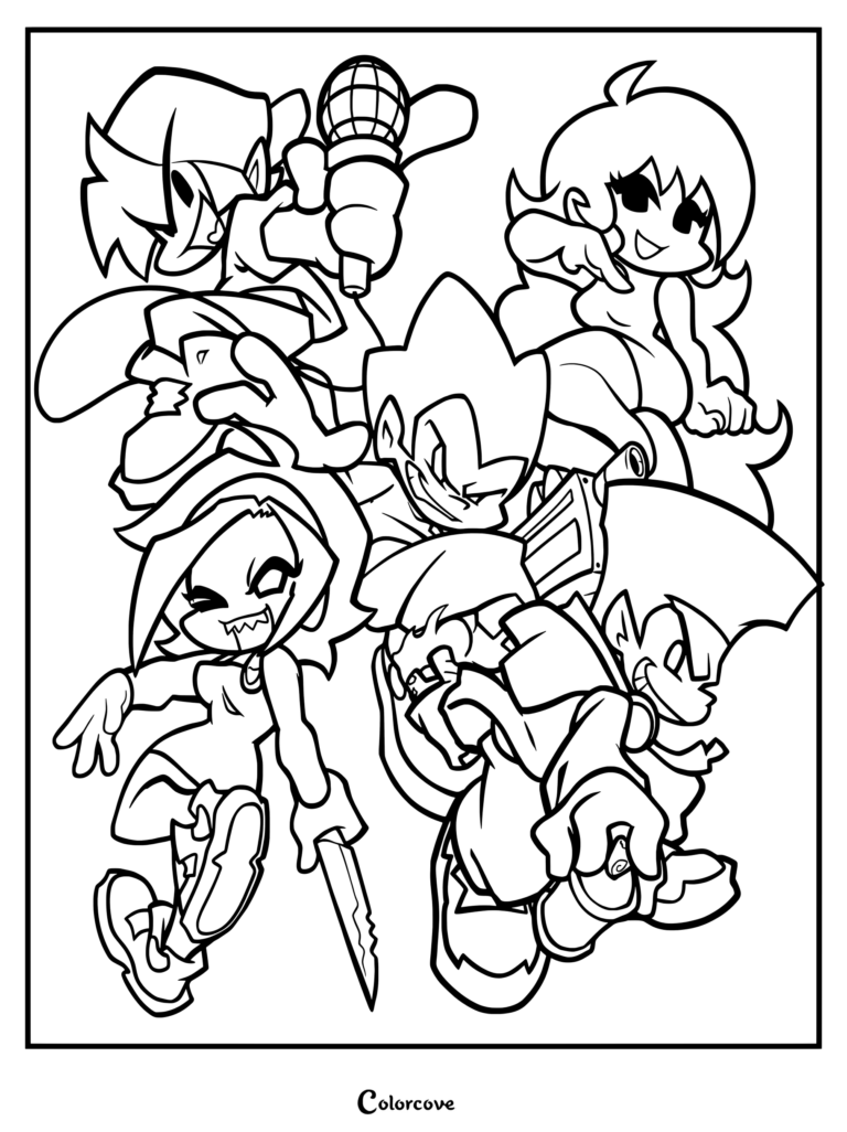 Coloriage à imprimer d'un fan art mettant en vedette les personnages de Friday Night Funkin Boyfriend, Girlfriend, Pico, Nene et Darnell.