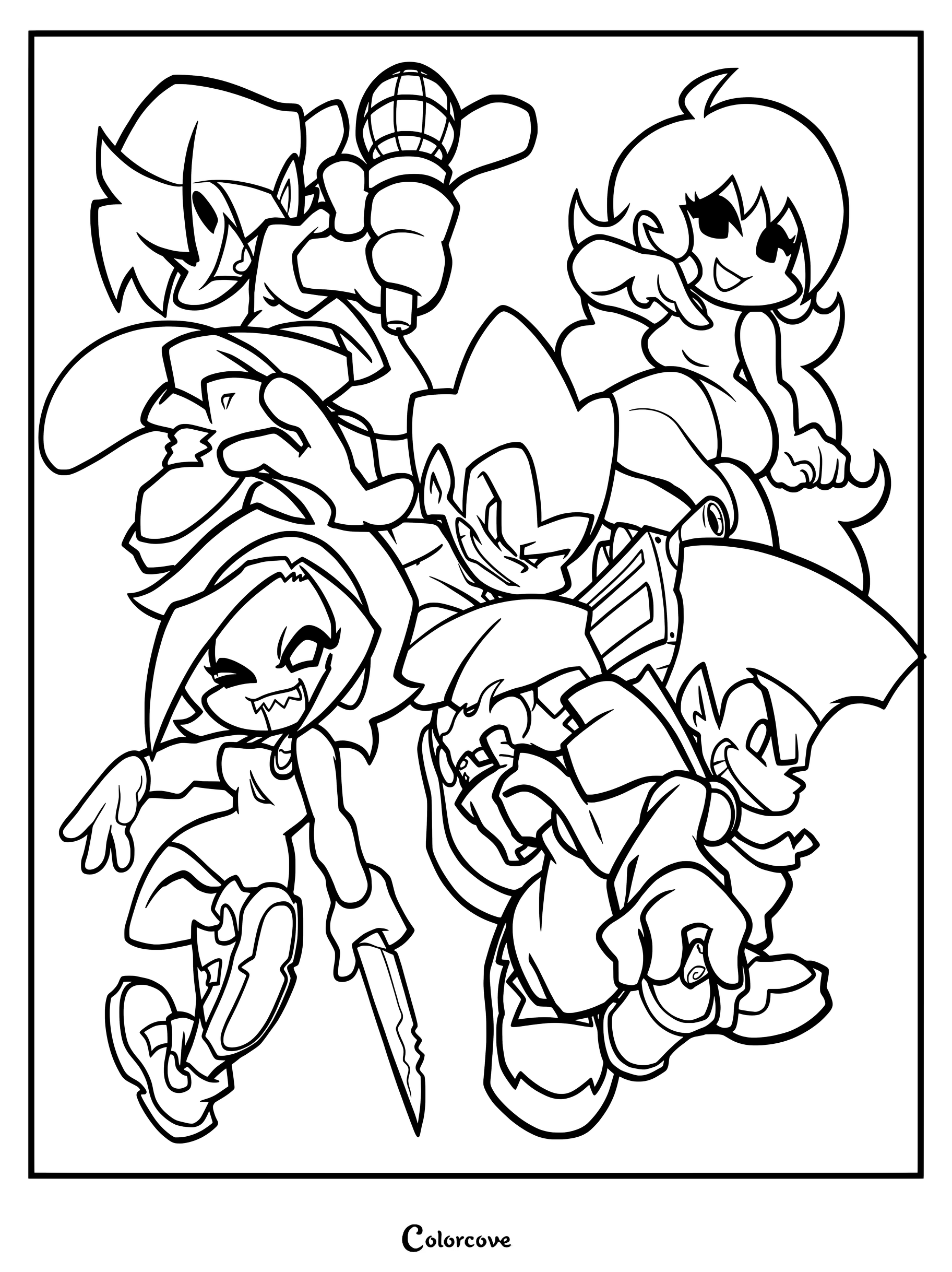 Coloriage à imprimer d'un fan art mettant en vedette les personnages de Friday Night Funkin Boyfriend, Girlfriend, Pico, Nene et Darnell.