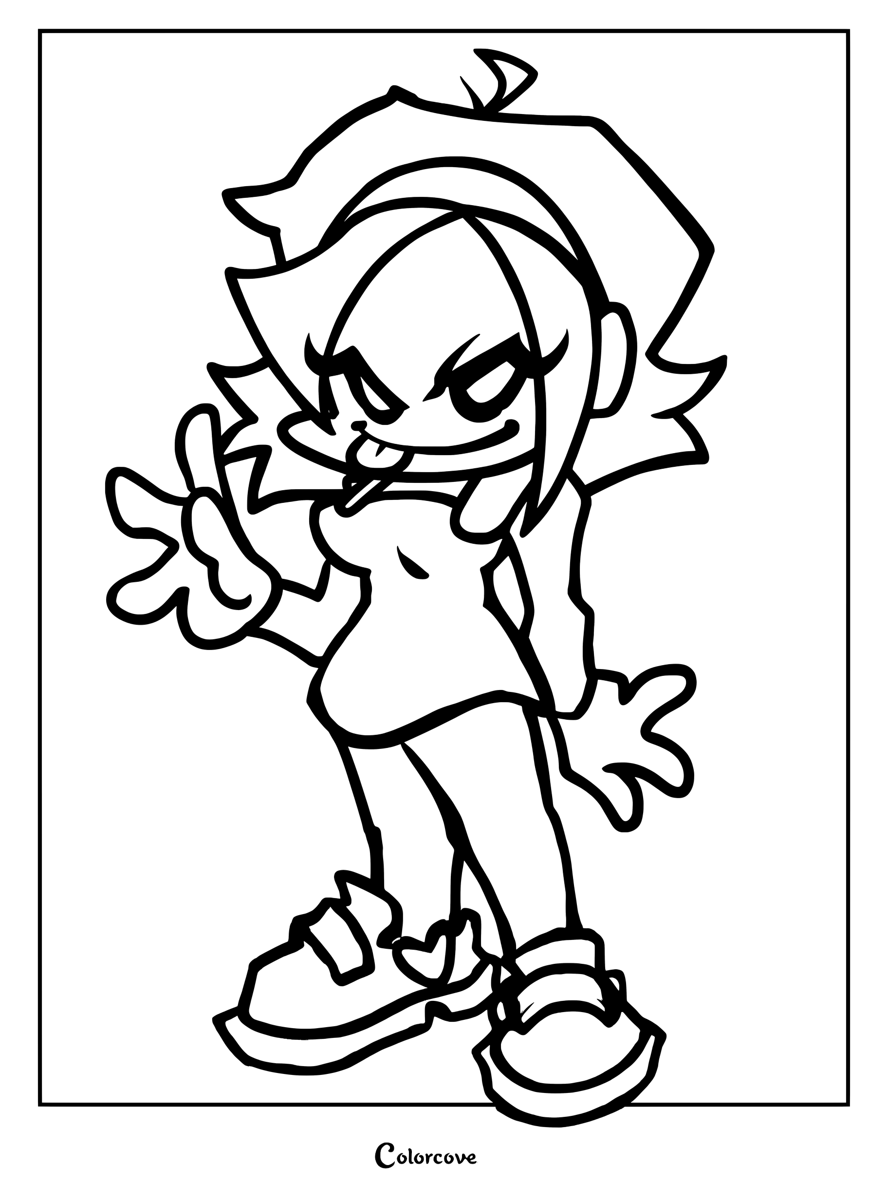 Un coloriage Friday Night Funkin mettant en scène Nene de Pico's School faisant le signe de la paix en tirant la langue.