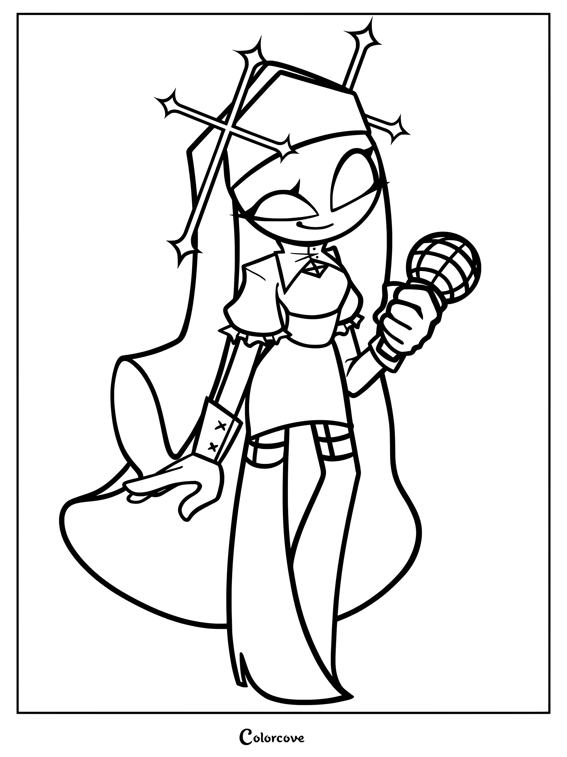 Coloriage à imprimer de Sarvente, célèbre personnage créé par les fans dans le mod Mid-Fight Masses de Friday Night Funkin, tenant un micro.
