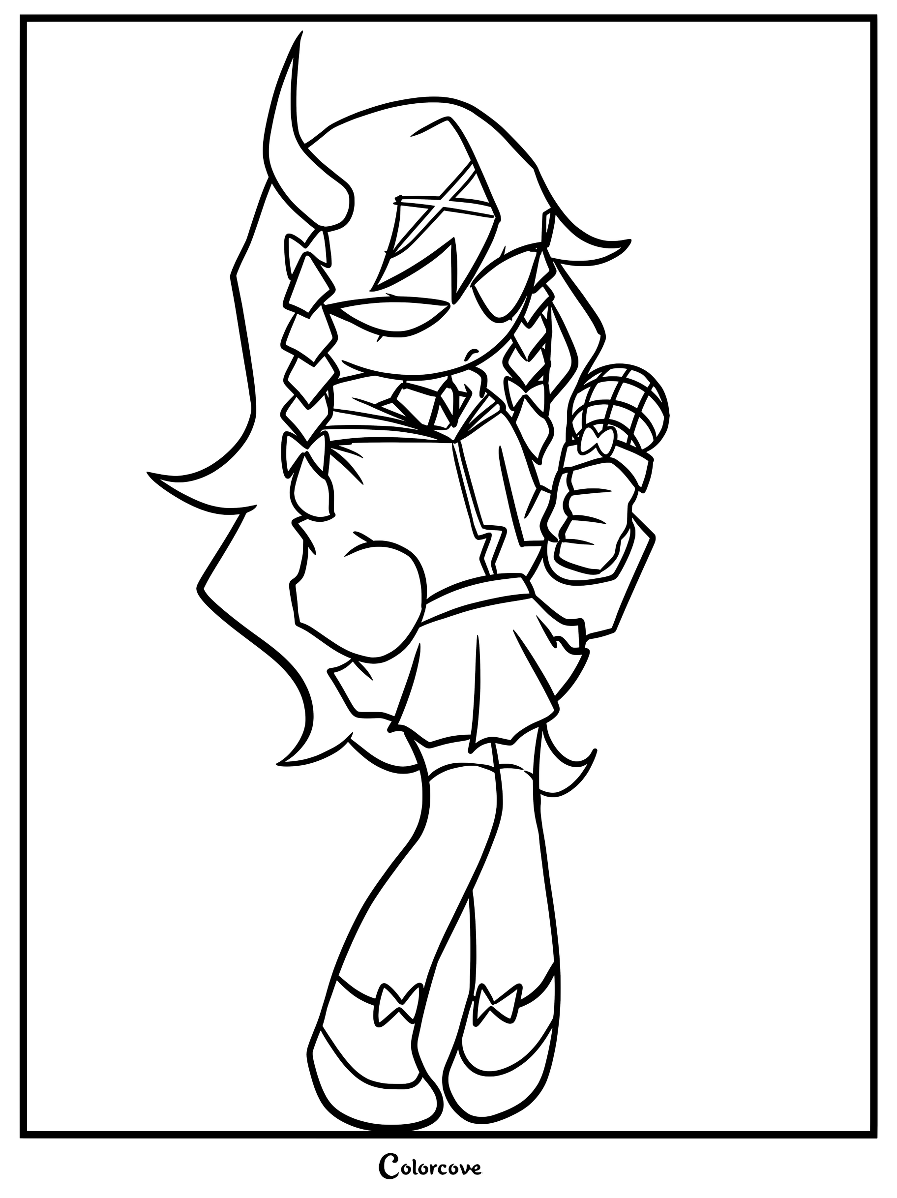 Un coloriage Friday Night Funkin représentant le personnage Rasazy du mod Mid-Fight Masses tenant un micro.