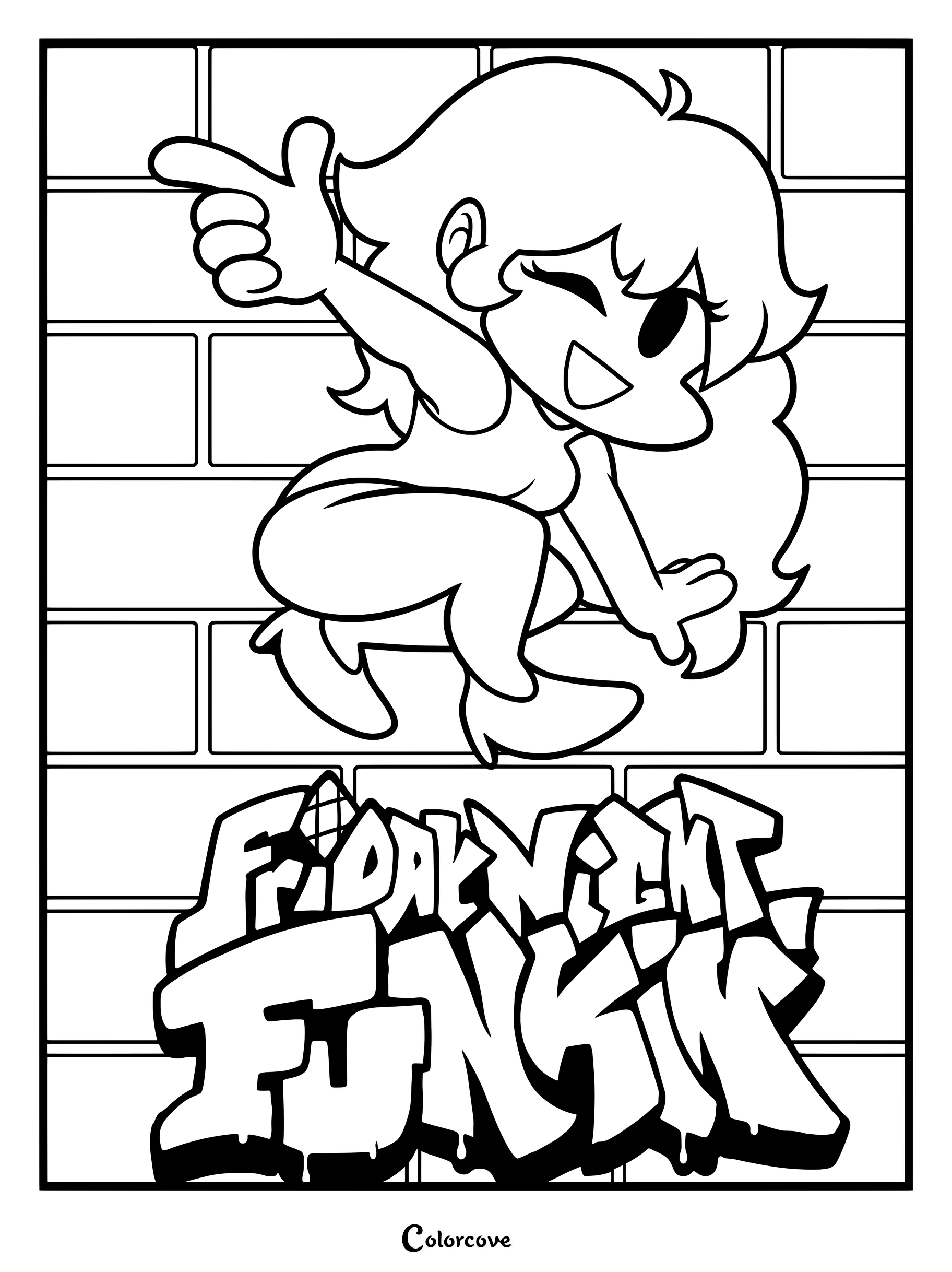 Coloriage à imprimer de Girlfriend posant joyeusement au-dessus du logo graffiti de Friday Night Funkin.
