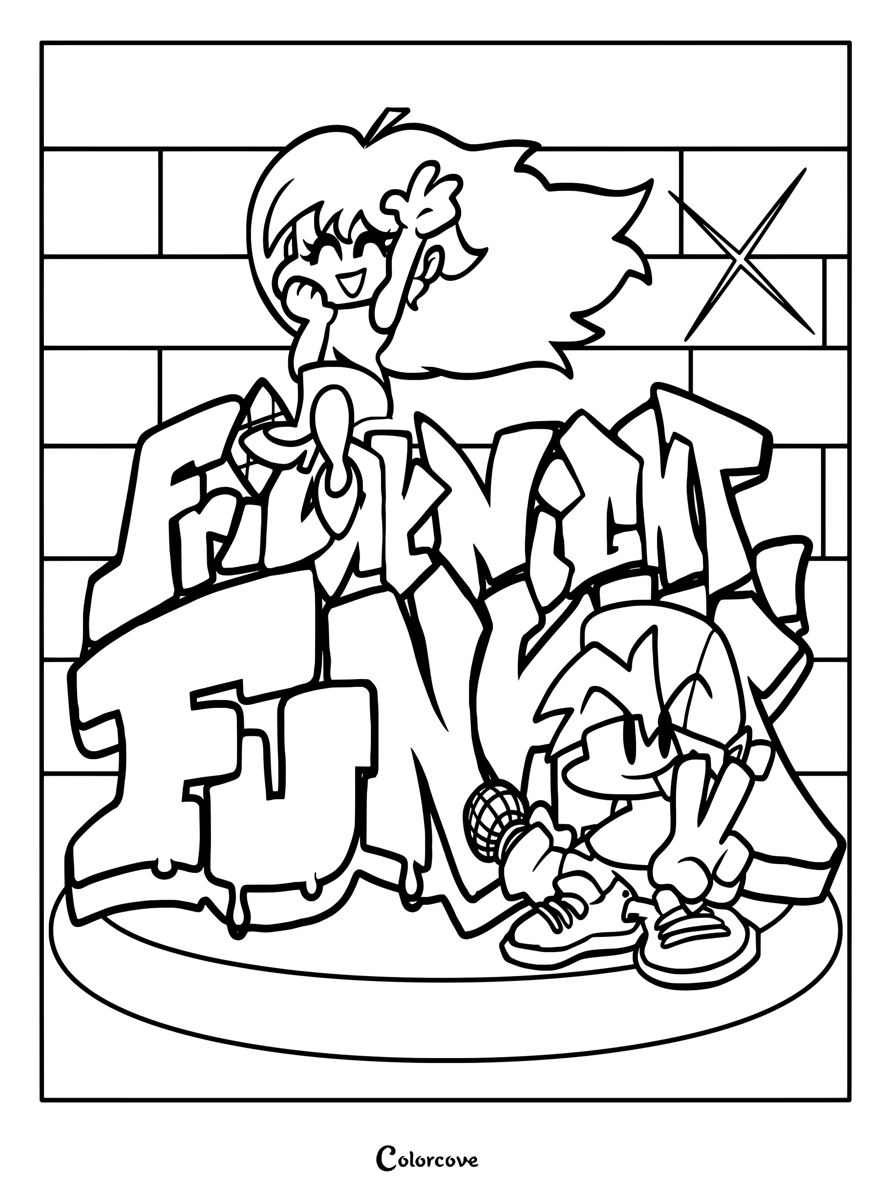 Coloriage à imprimer du logo graffiti stylisé et des personnages principaux du jeu de rythme Friday Night Funkin.