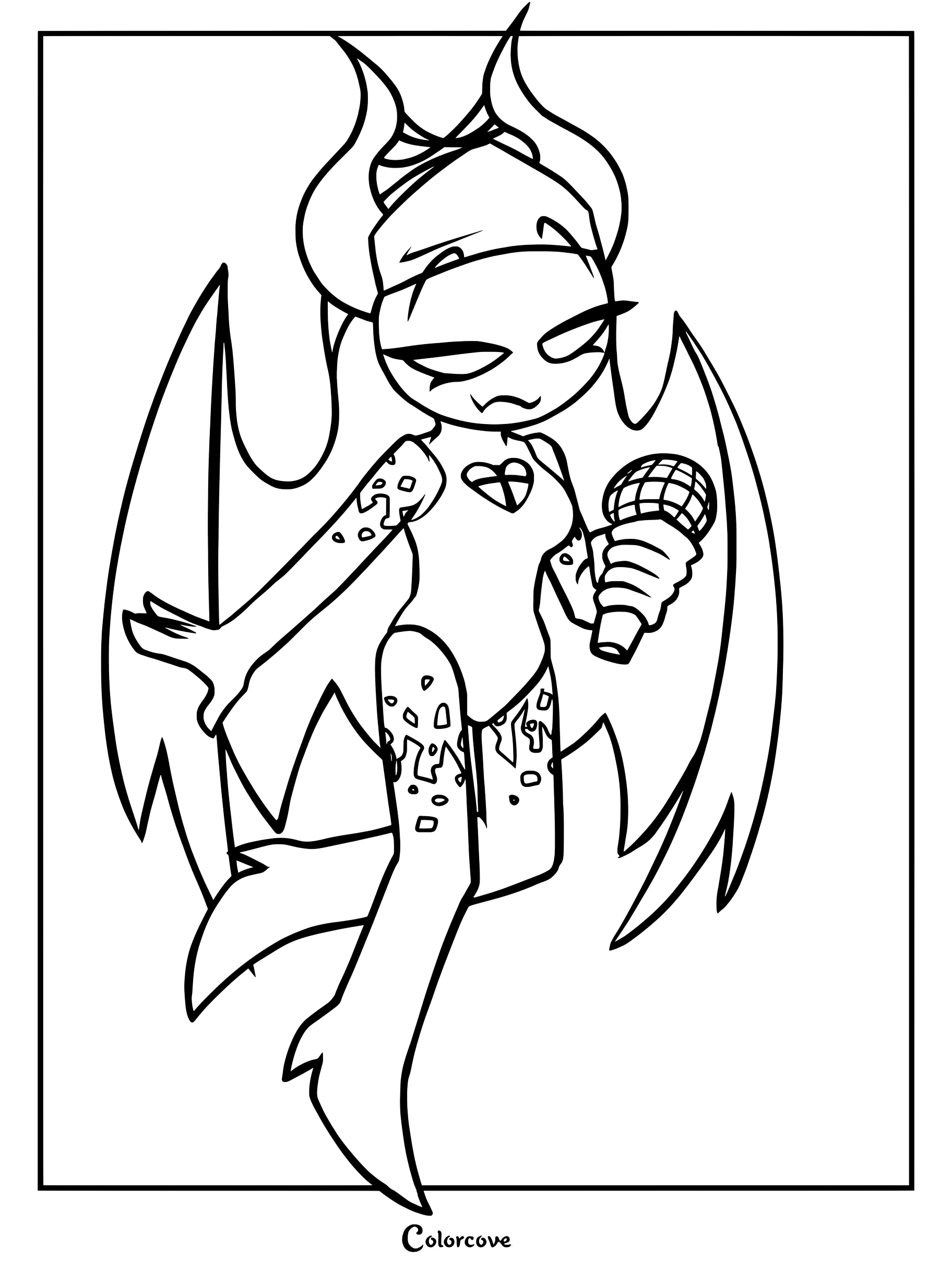 Coloriage de Sarvente sous sa forme démoniaque tenant un micro, issue de Friday Night Funkin.