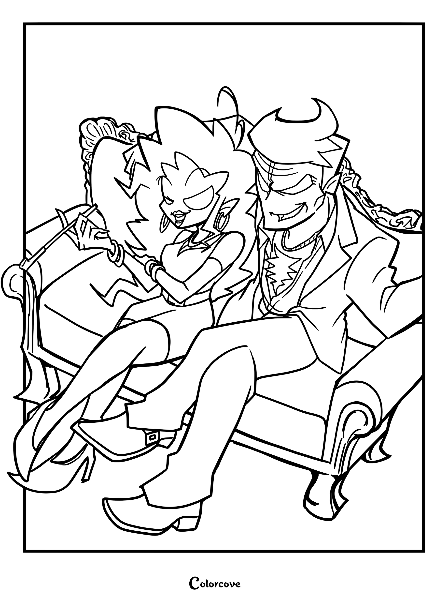 Coloriage à imprimer de Daddy Dearest et Mommy Mearest assis ensemble sur un canapé dans Friday Night Funkin.