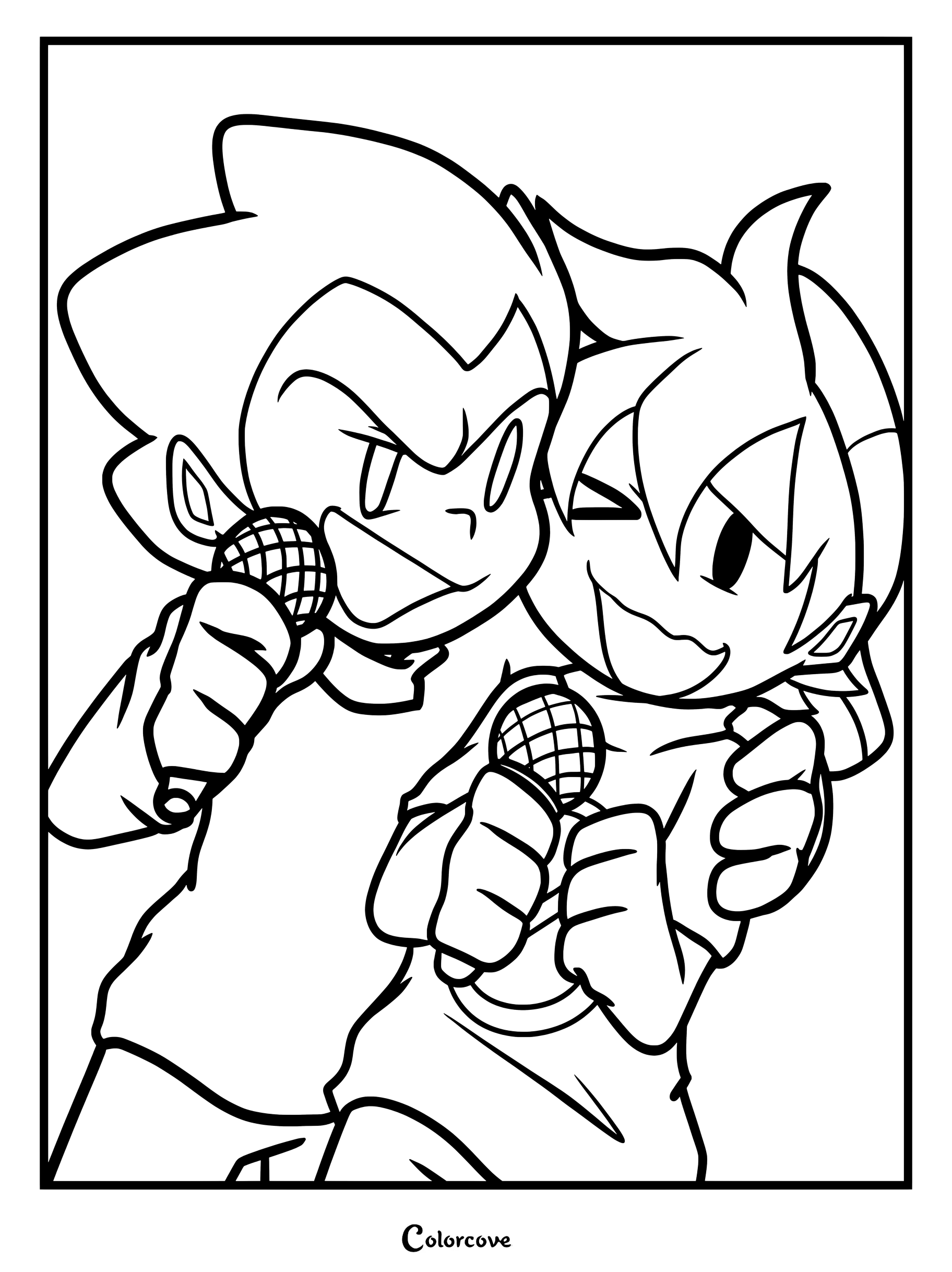 Coloriage Friday Night Funkin de Pico et Boyfriend présentant un fan art des personnages chantant dans des micros.