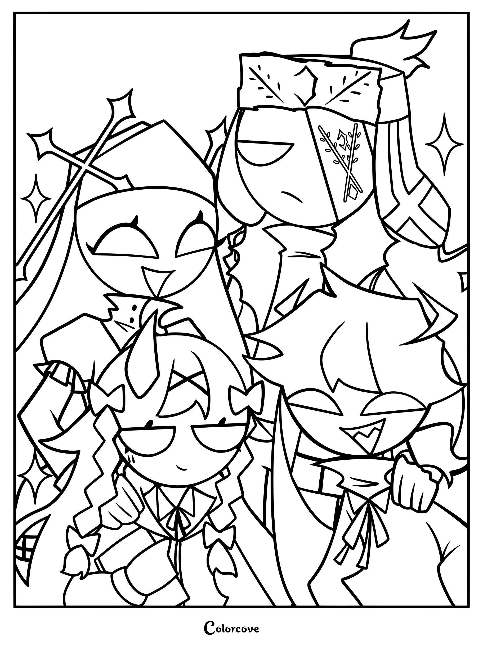 Coloriage Friday Night Funkin représentant un fan art de la famille fictive du mod Mid-Fight Masses, comprenant Sarvente, Ruv, Selever et Rasazy.