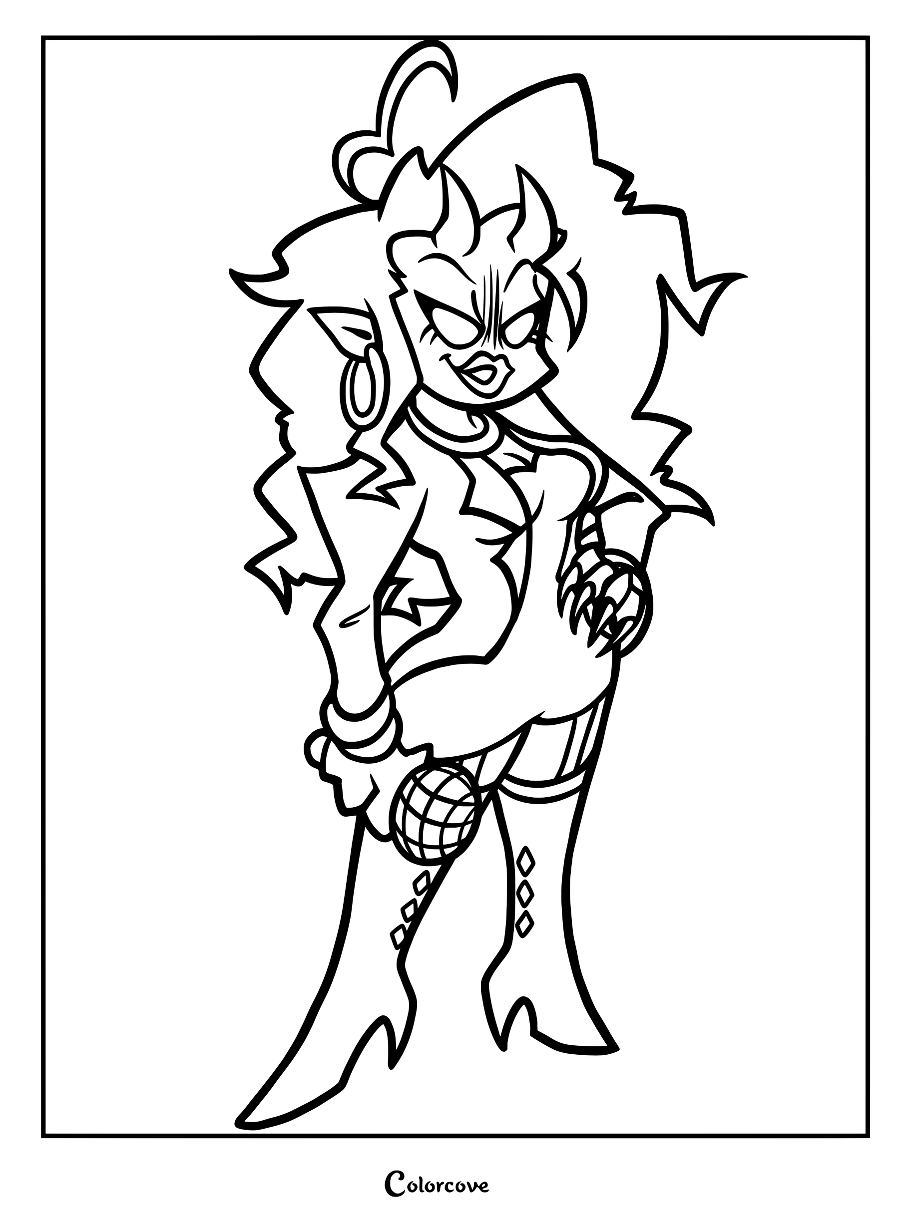 Un coloriage Friday Night Funkin mettant en scène Mommy Mearest avec sa peau violacée, ses yeux rouges lumineux, ses petites cornes, ses cheveux sombres et un micro.