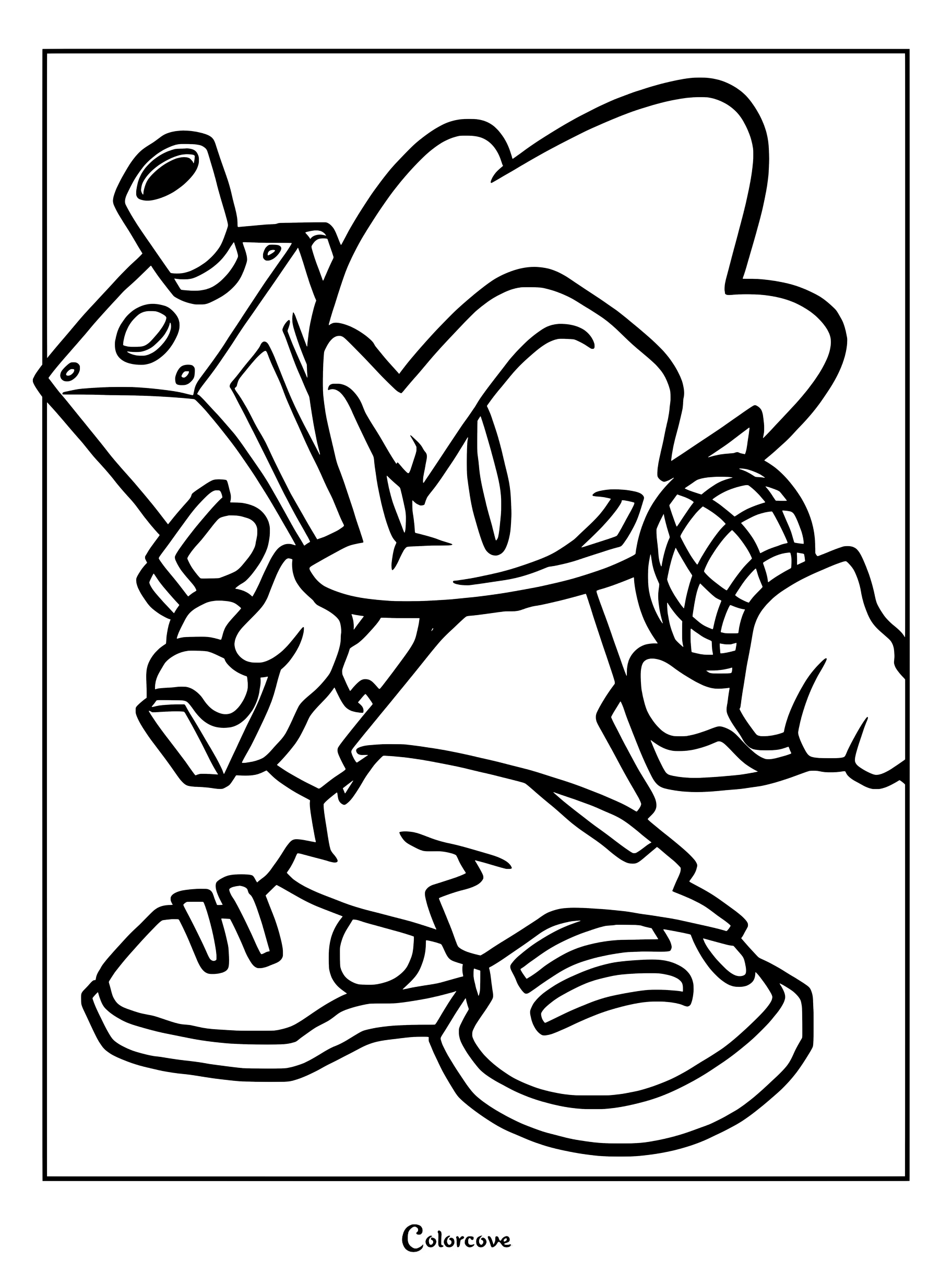 Pico tenant une arme et un micro dans ce coloriage Friday Night Funkin