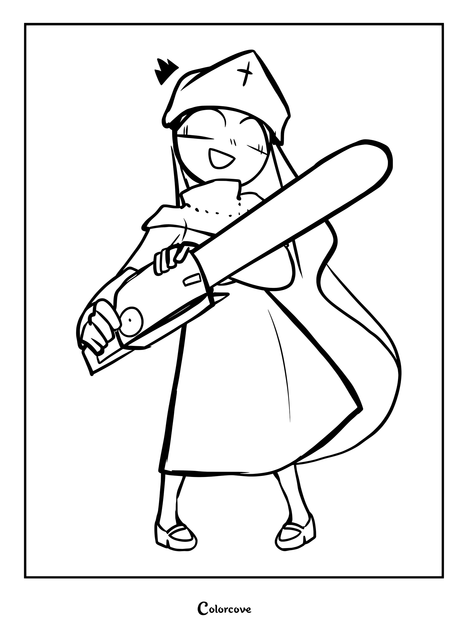 Coloriage gratuit à imprimer de Taki tenant une tronçonneuse, issu du mod Friday Night Fever de Friday Night Funkin.