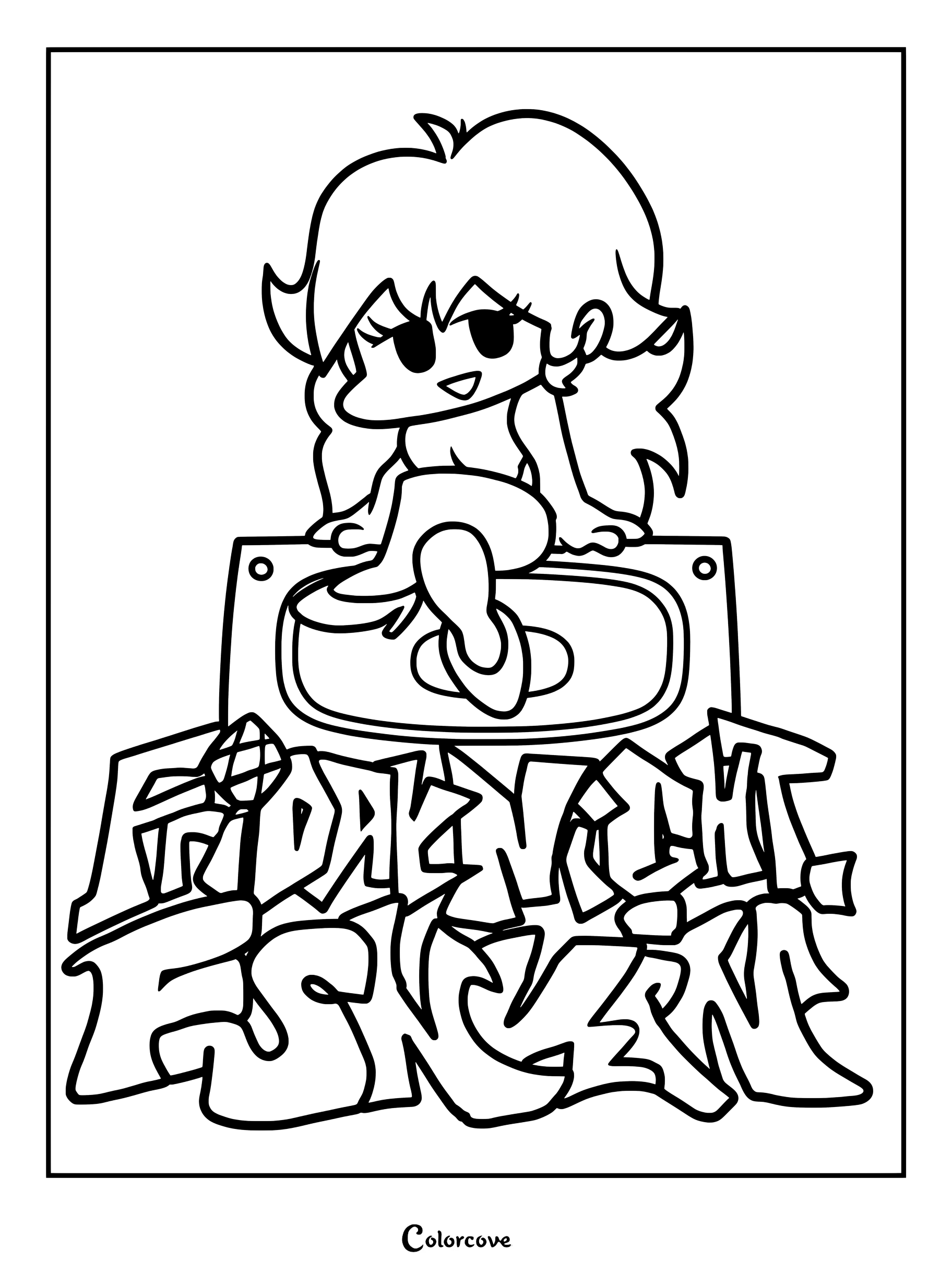 Coloriage de Girlfriend assise sur des haut-parleurs, issue du célèbre jeu de rythme Friday Night Funkin.