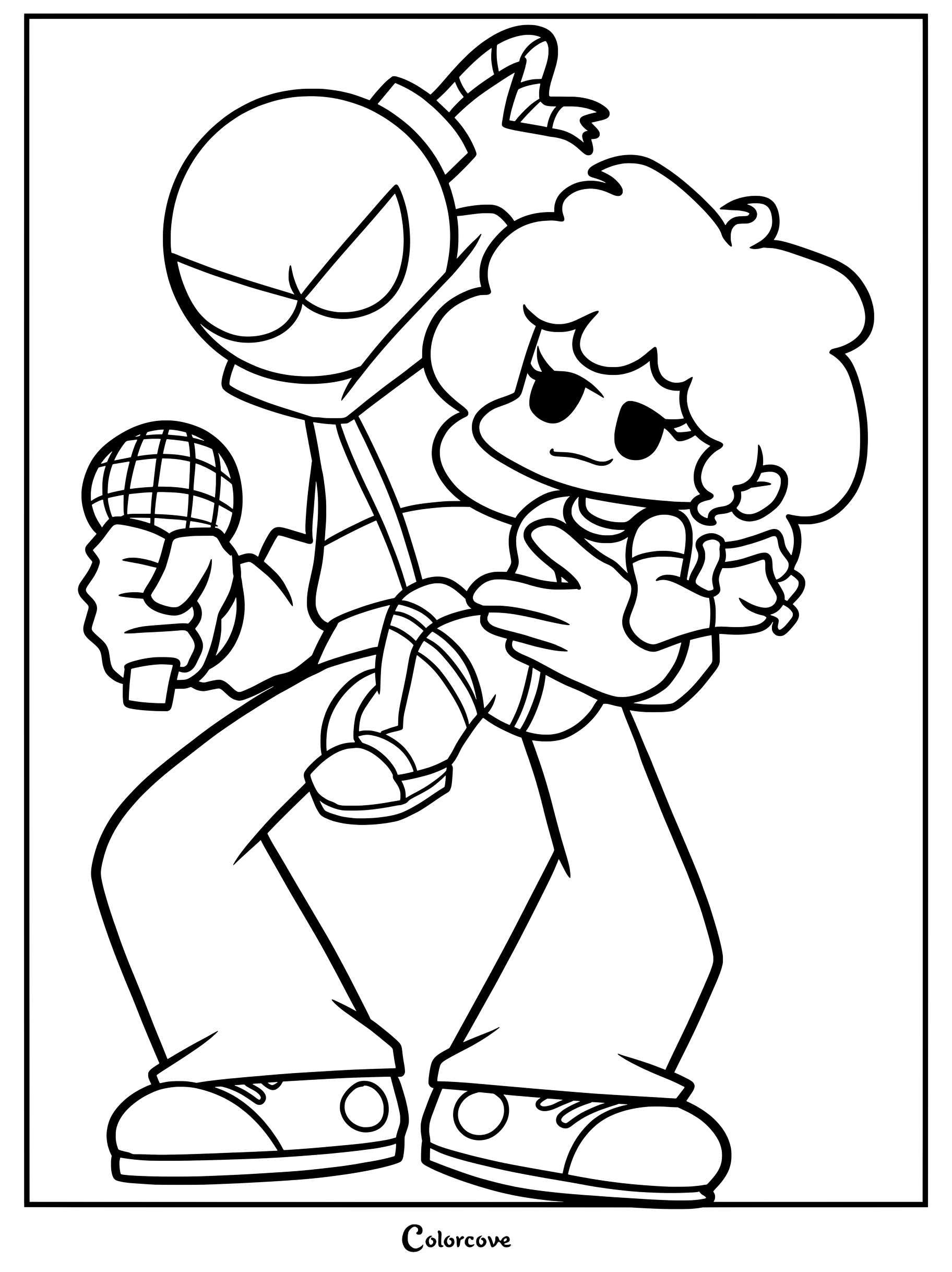 Un coloriage mettant en scène les personnages Whitty portant Carol, issus du jeu de rythme Friday Night Funkin.