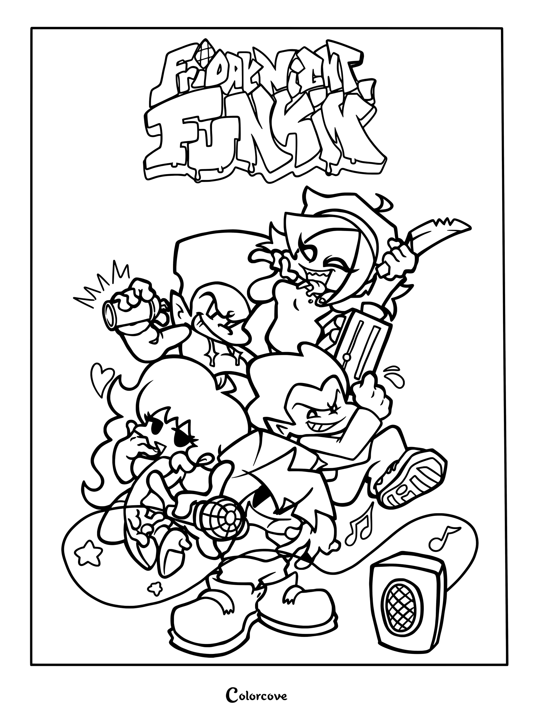 Coloriage à imprimer de Boyfriend, Girlfriend, Pico, Nene et Darnell de Friday Night Funkin.