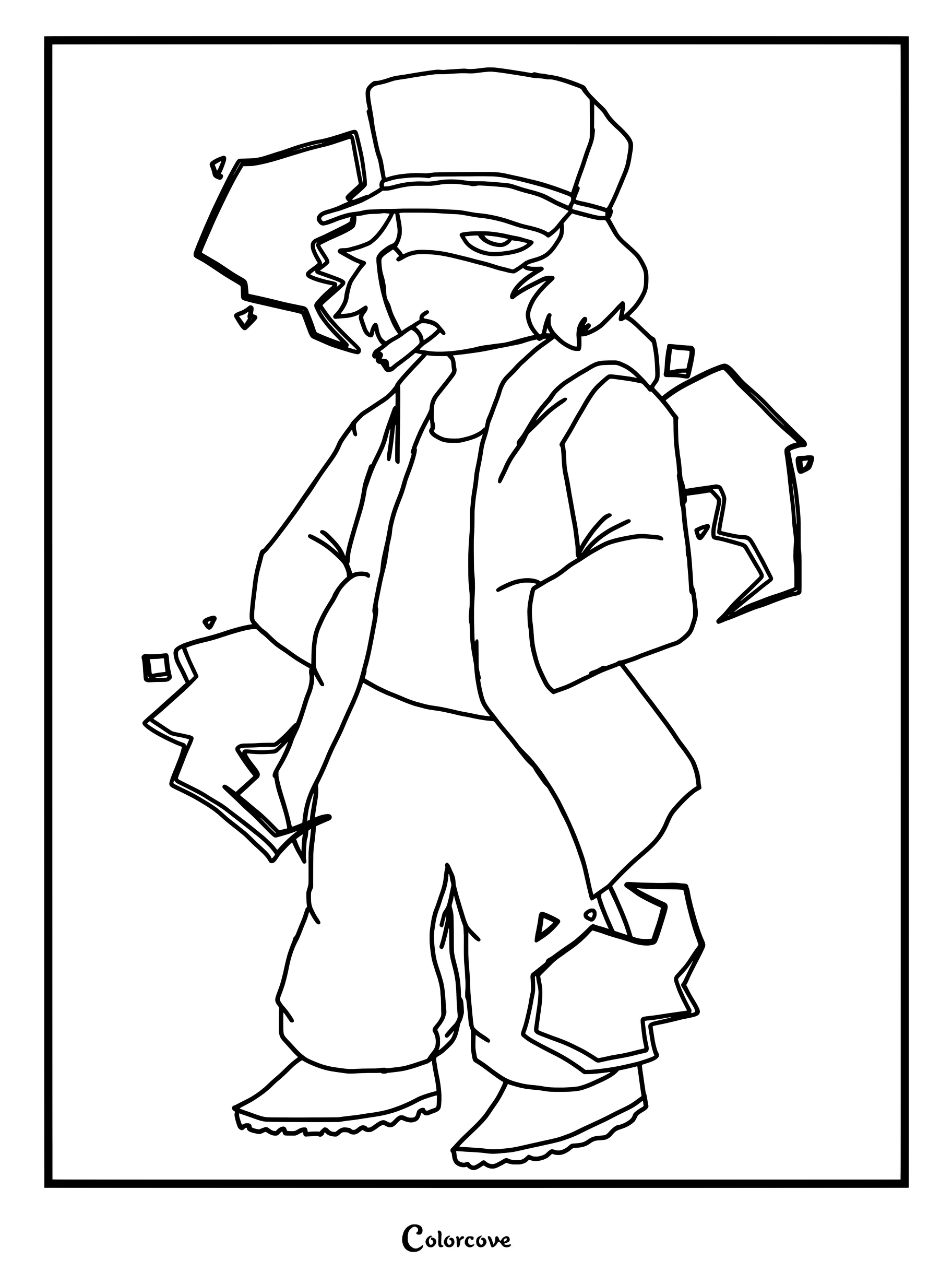 Coloriage de Garcello de Friday Night Funkin représentant le personnage en train de fumer entouré d'éclats flottants.