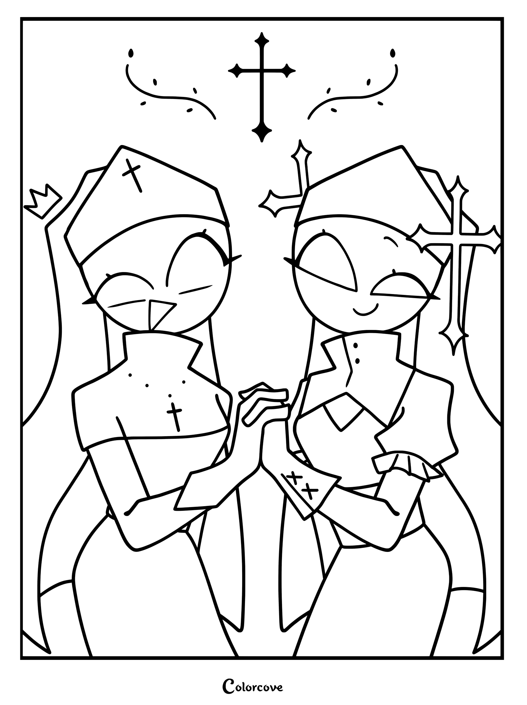 Un coloriage à imprimer représentant Sarvente et Taki de Friday Night Funkin se tenant la main.