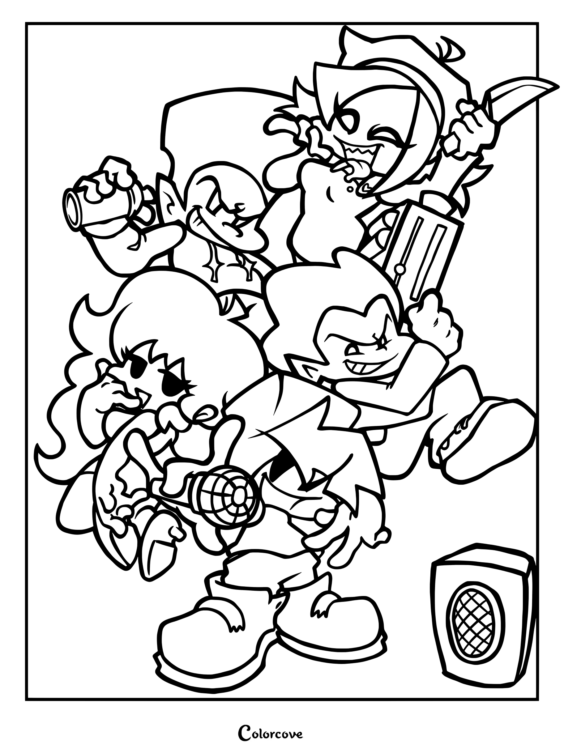 Coloriage Friday Night Funkin mettant en scène Boyfriend, Girlfriend, Pico, Nene et Darnell posant ensemble dans un style dynamique.