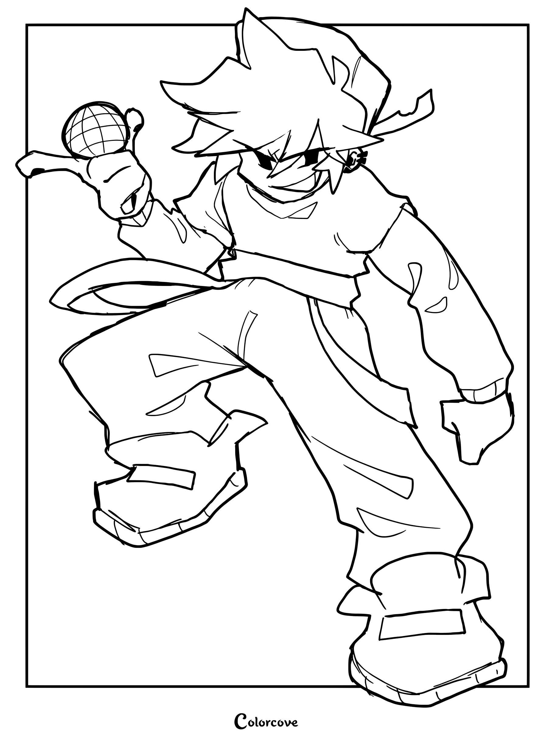 Coloriage d'un fan art stylisé de Boyfriend issu du jeu de rythme Friday Night Funkin, avec des cheveux bleu cyan, une casquette rouge, un t-shirt blanc orné d'un panneau d'interdiction rouge, un pantalon baggy bleu et d'épaisses baskets rouges.