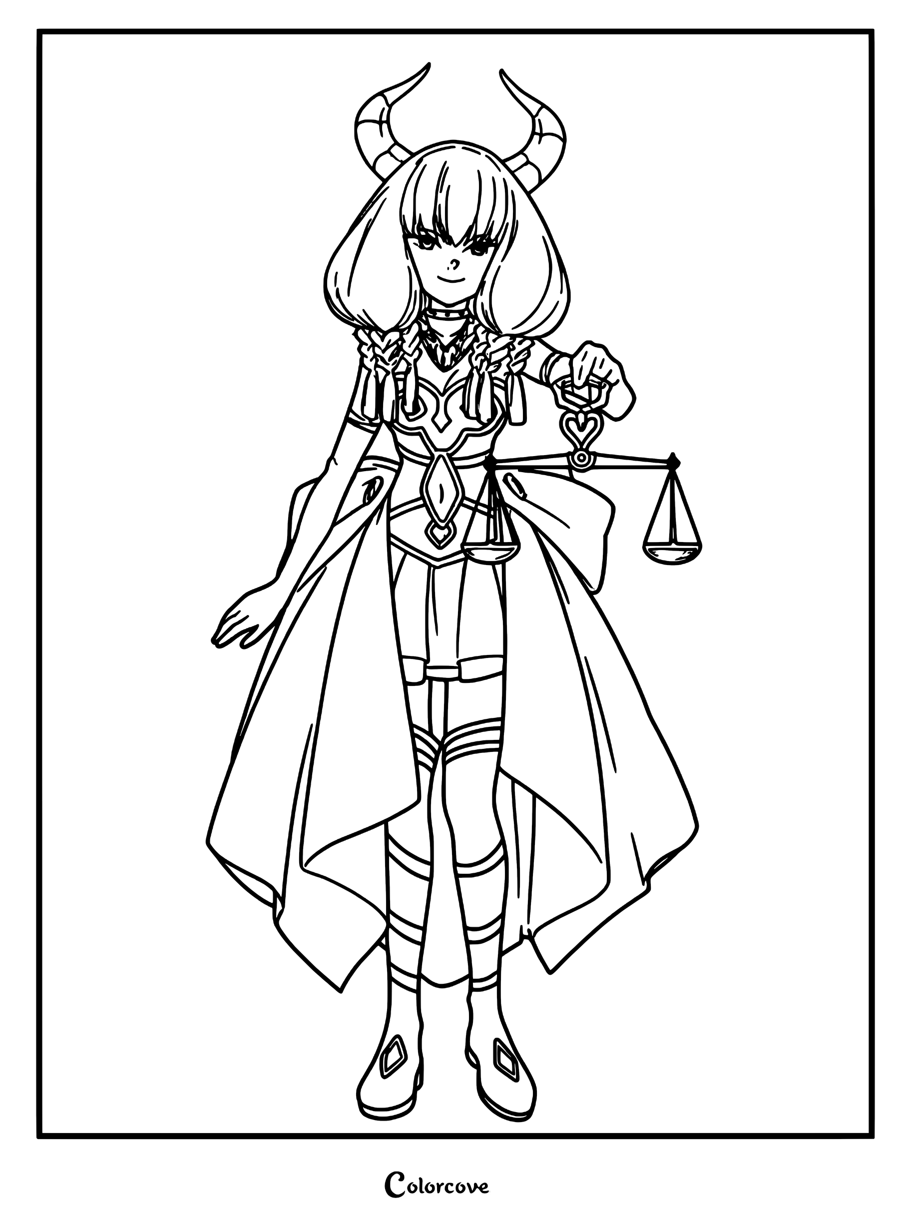 Aura the Guillotine from Frieren Beyond Journey's End holding her signature scales in this detailed line art coloring page.