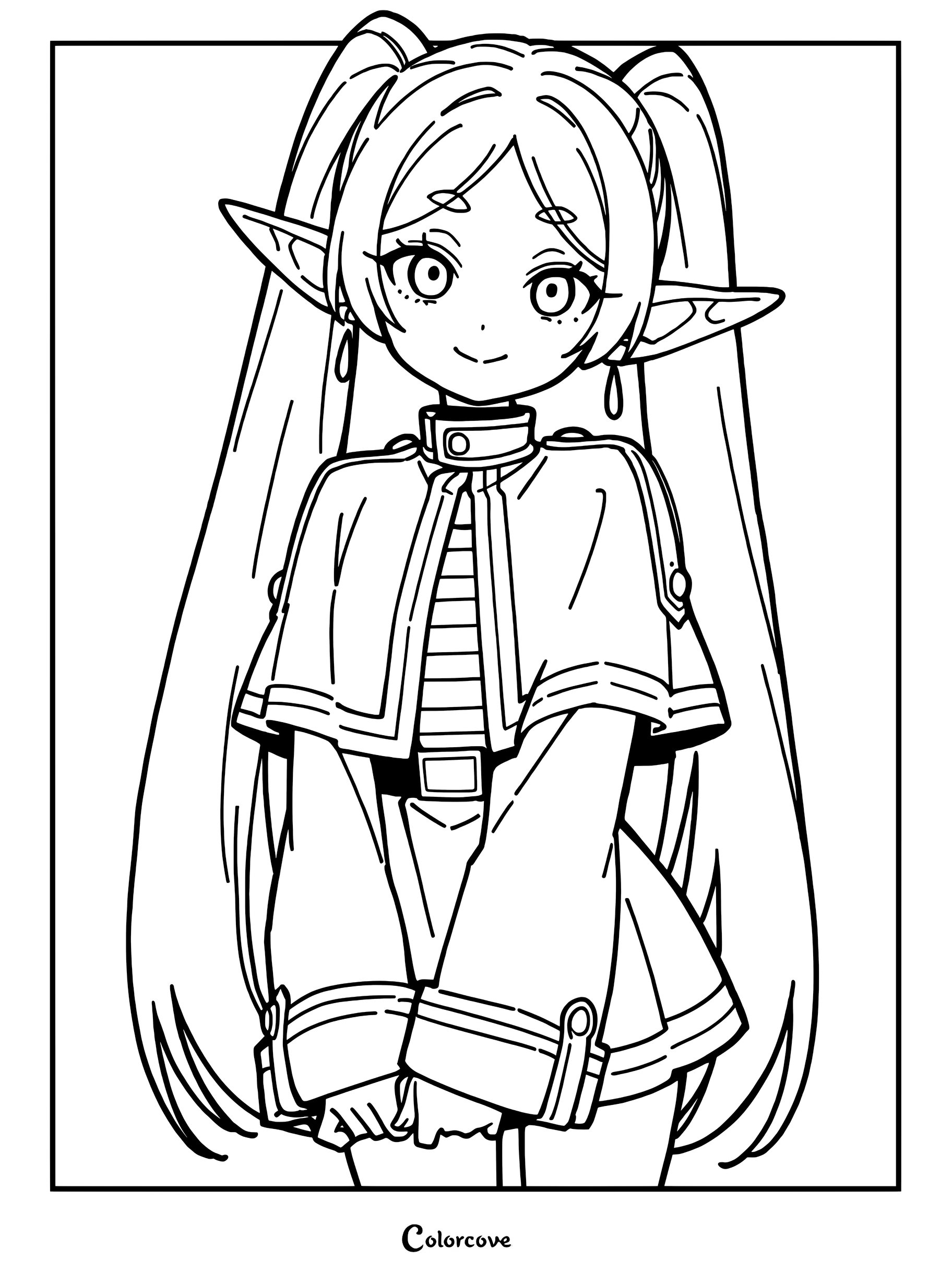 Frieren with long twin tails and pointed ears in a detailed line art coloring page style.