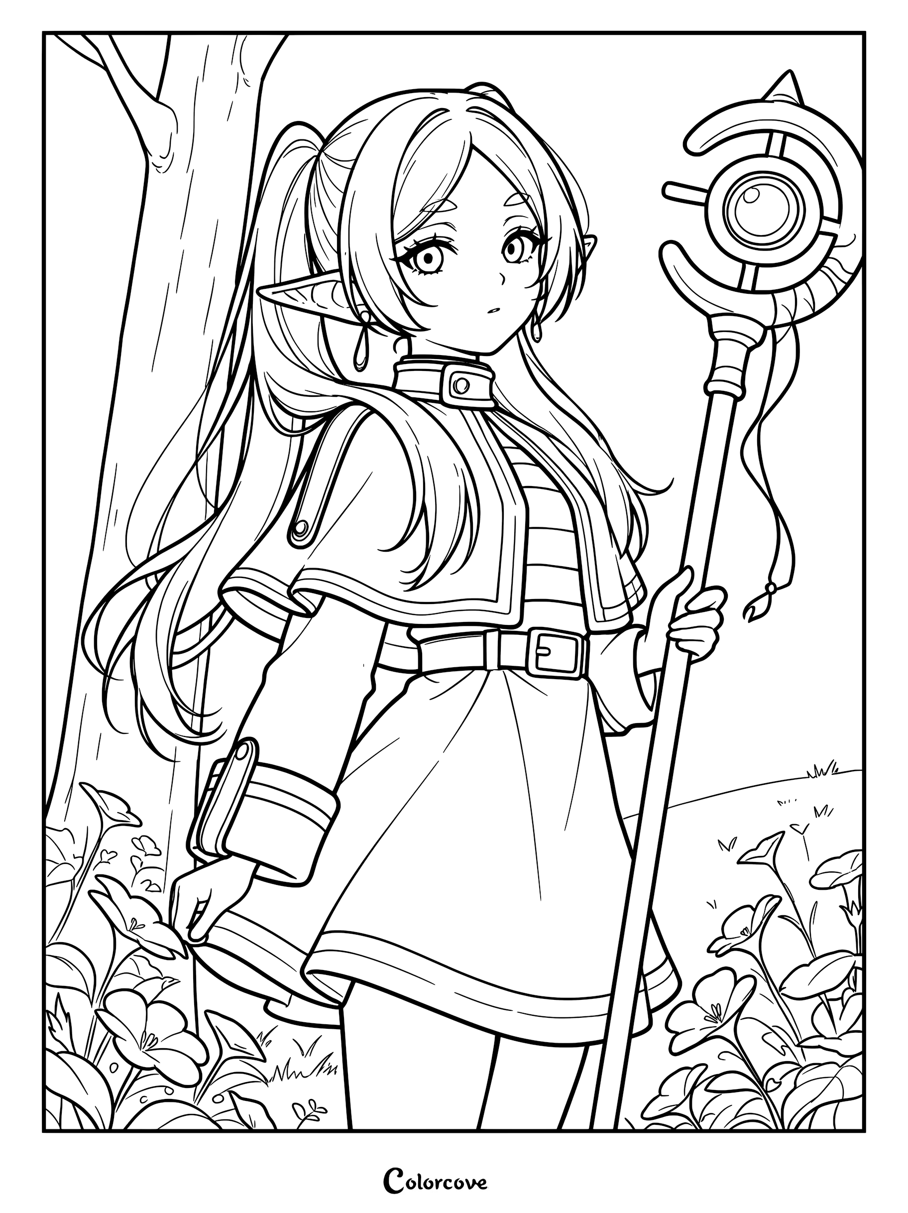 Frieren holding her staff in a flower field, detailed line art coloring page.