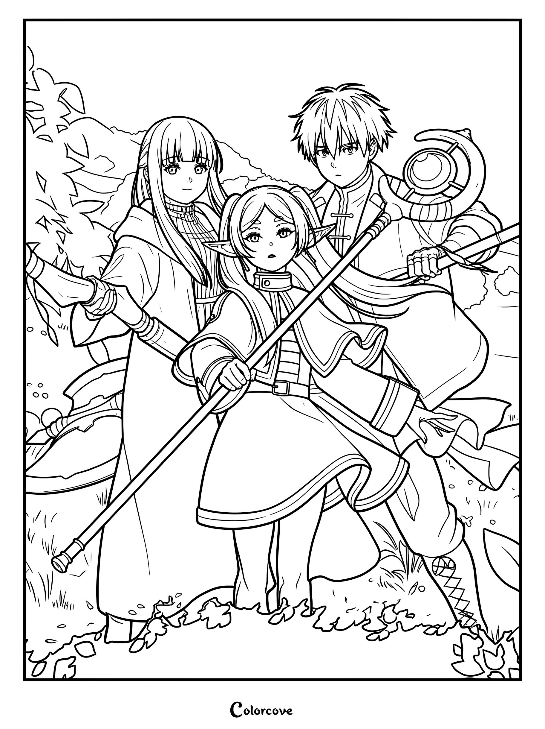 Frieren, Fern, and Stark from Frieren Beyond Journey's End in a 2025 official illustration style line art coloring page featuring the trio standing together in a forest setting.