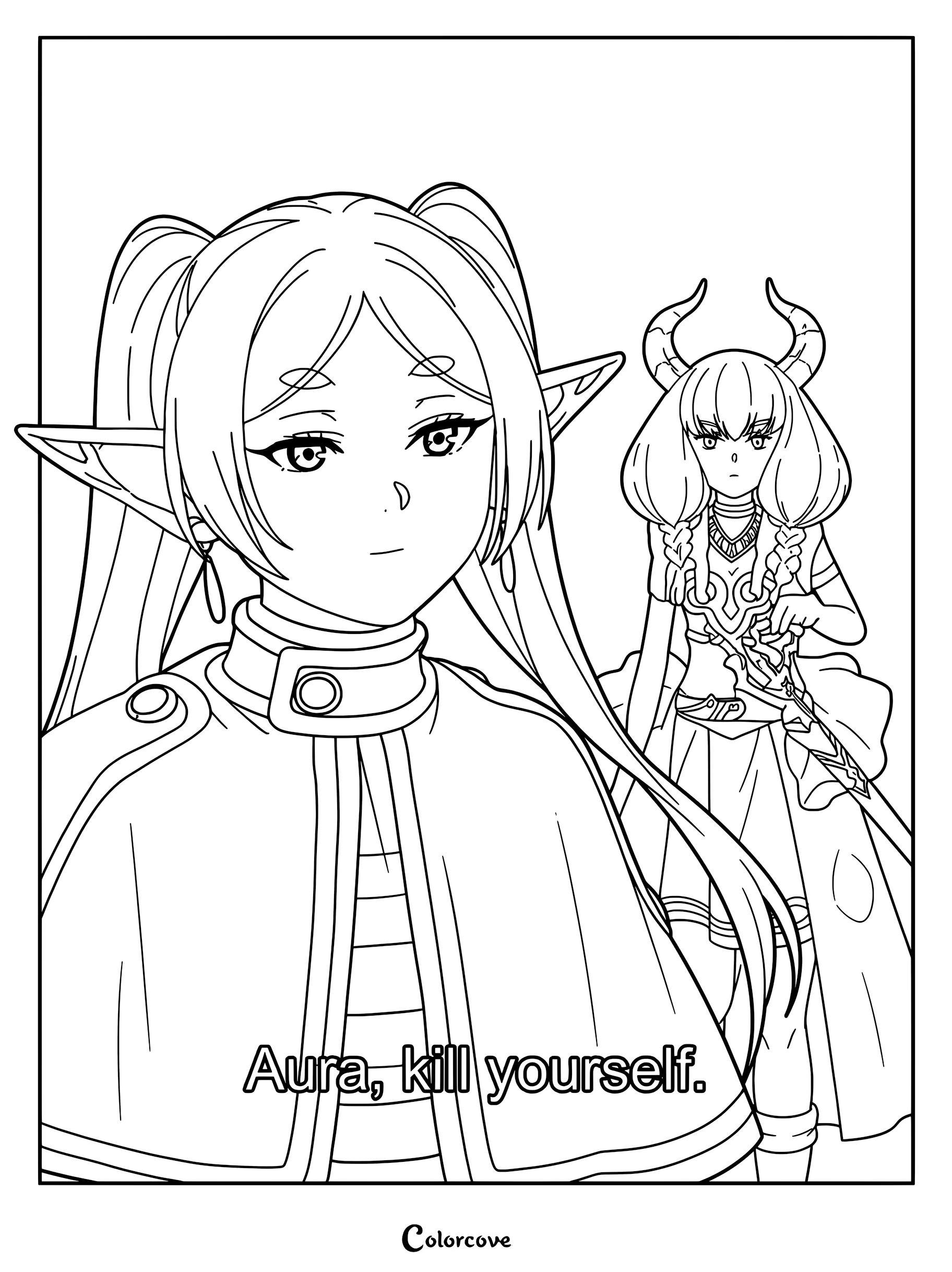Frieren unleashes her true, overwhelming mana, tilting the scales permanently, and delivers a calm, cold command to Aura in this detailed line art coloring page.