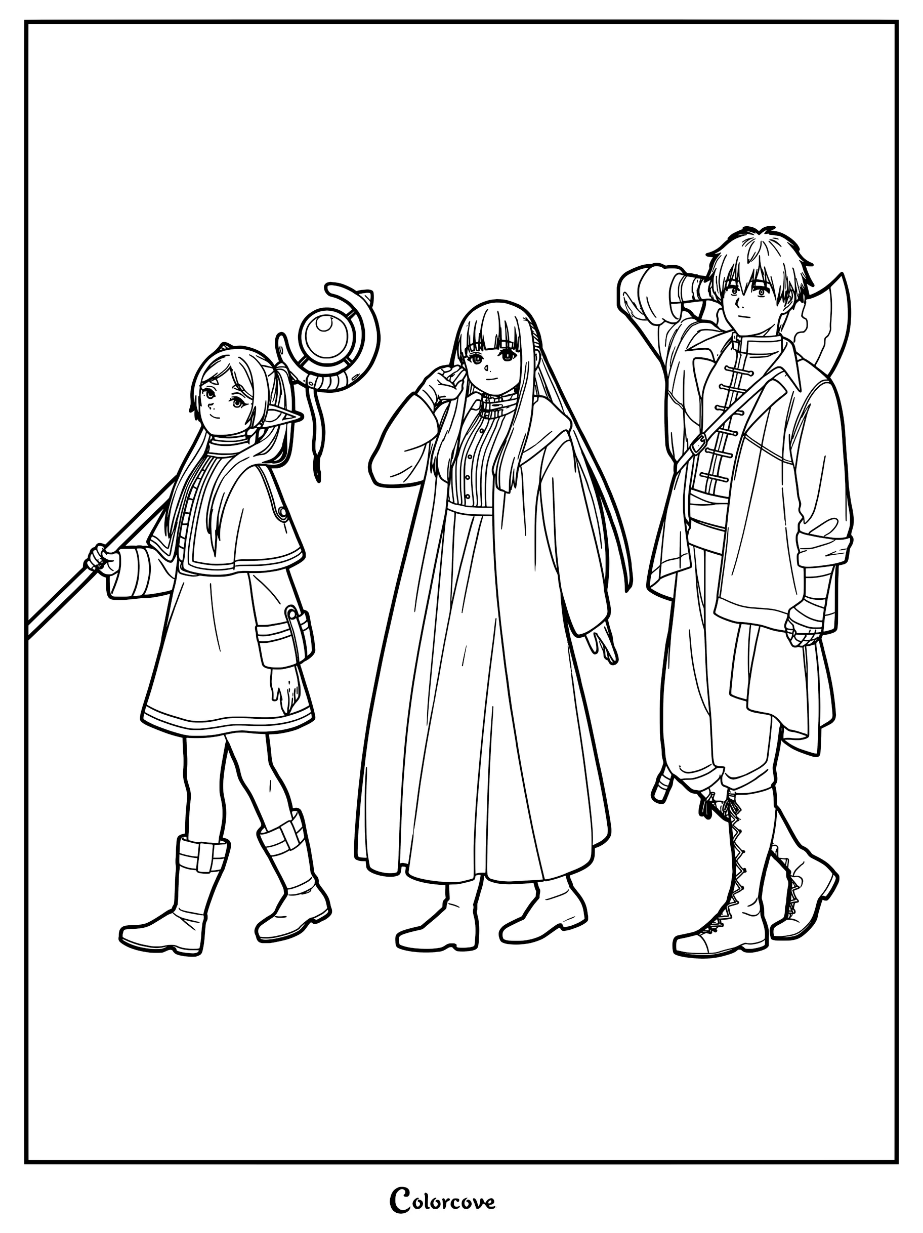 Line art coloring page featuring Frieren holding her staff, Fern standing in the center, and Stark carrying his axe.