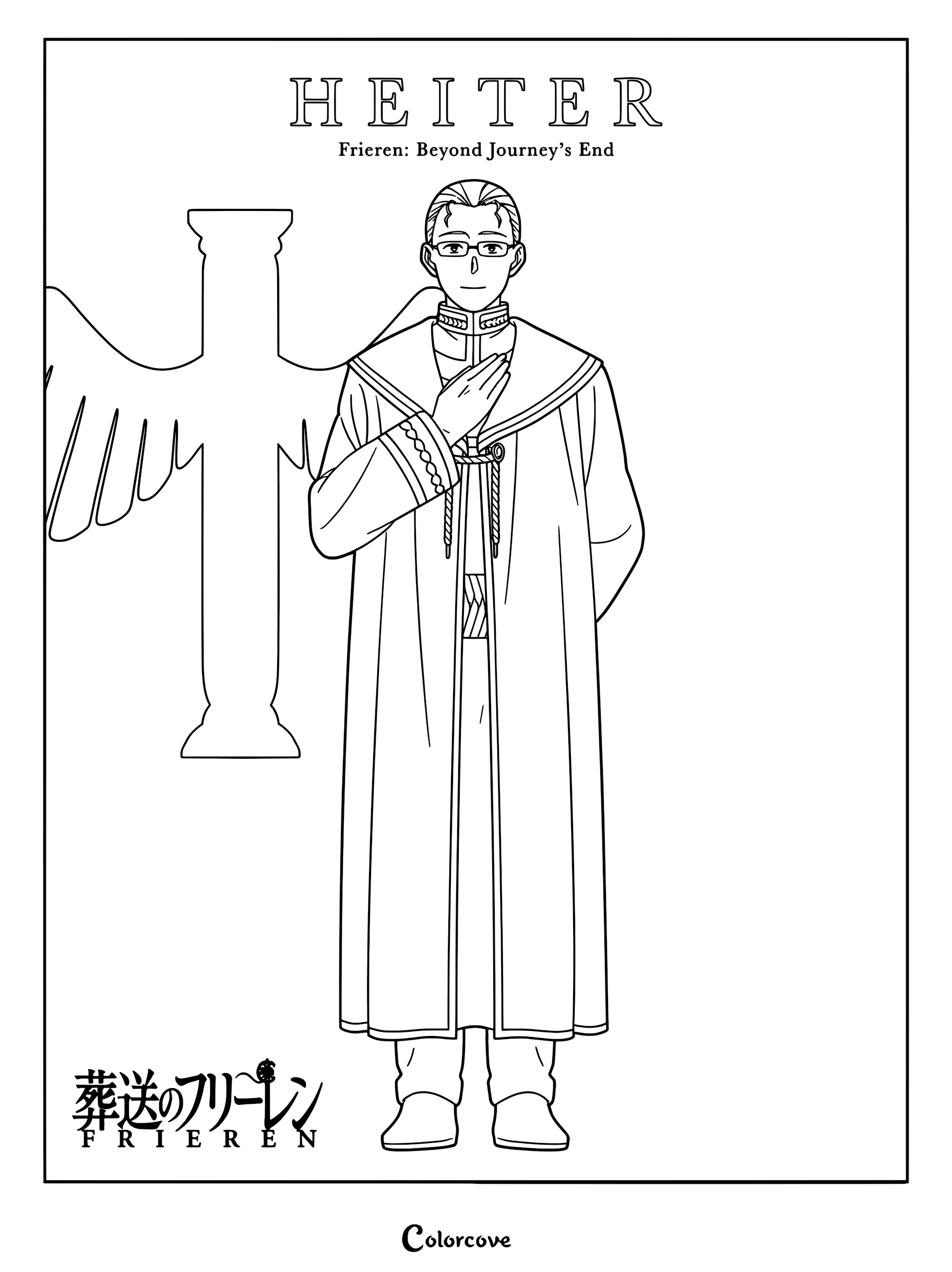 Heiter wearing glasses and priest robes with a hand over his heart in this Frieren: Beyond Journey's End coloring page.