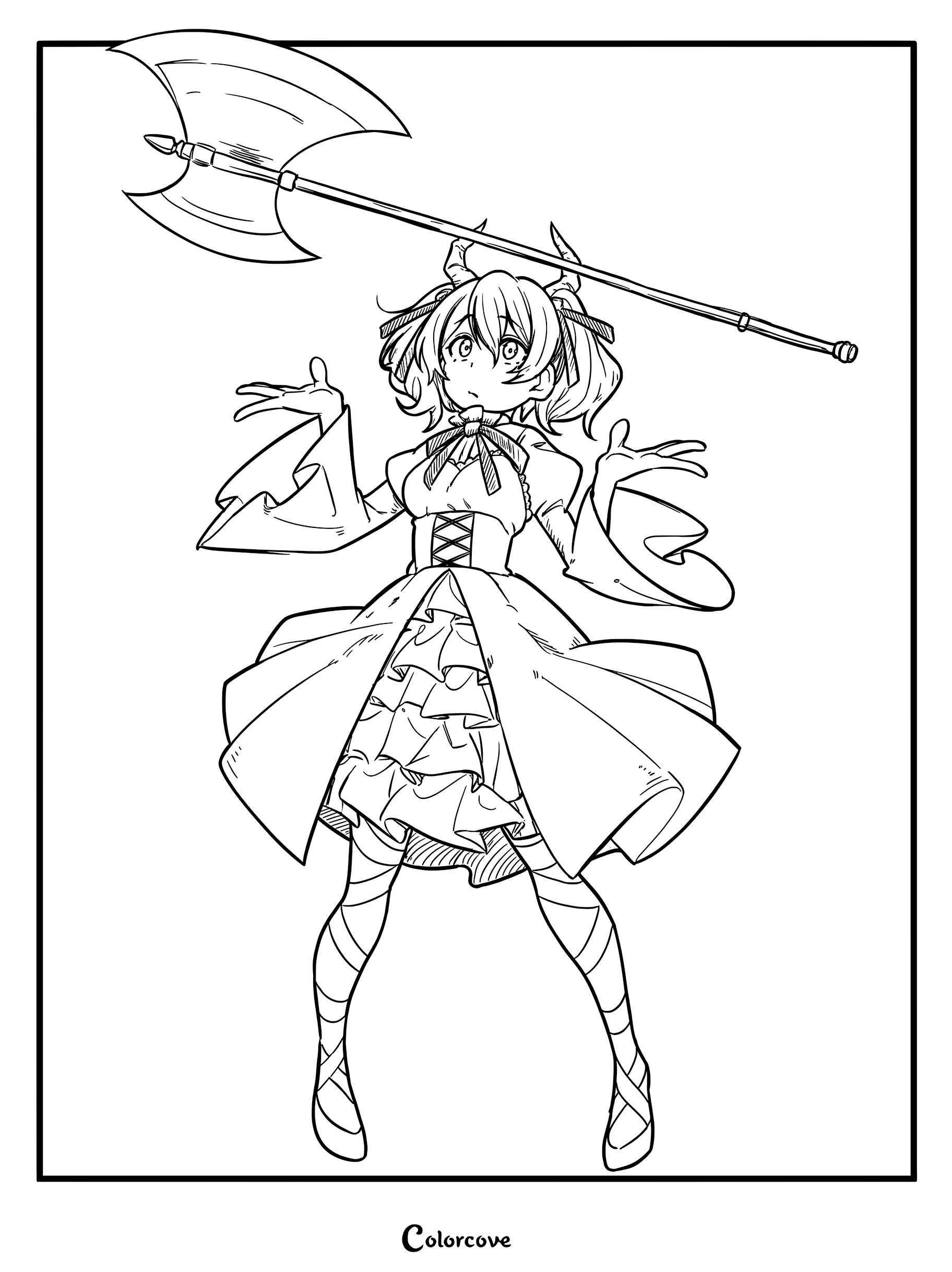 Linie from Frieren Beyond Journey's End holding a large battle axe in this printable coloring page.