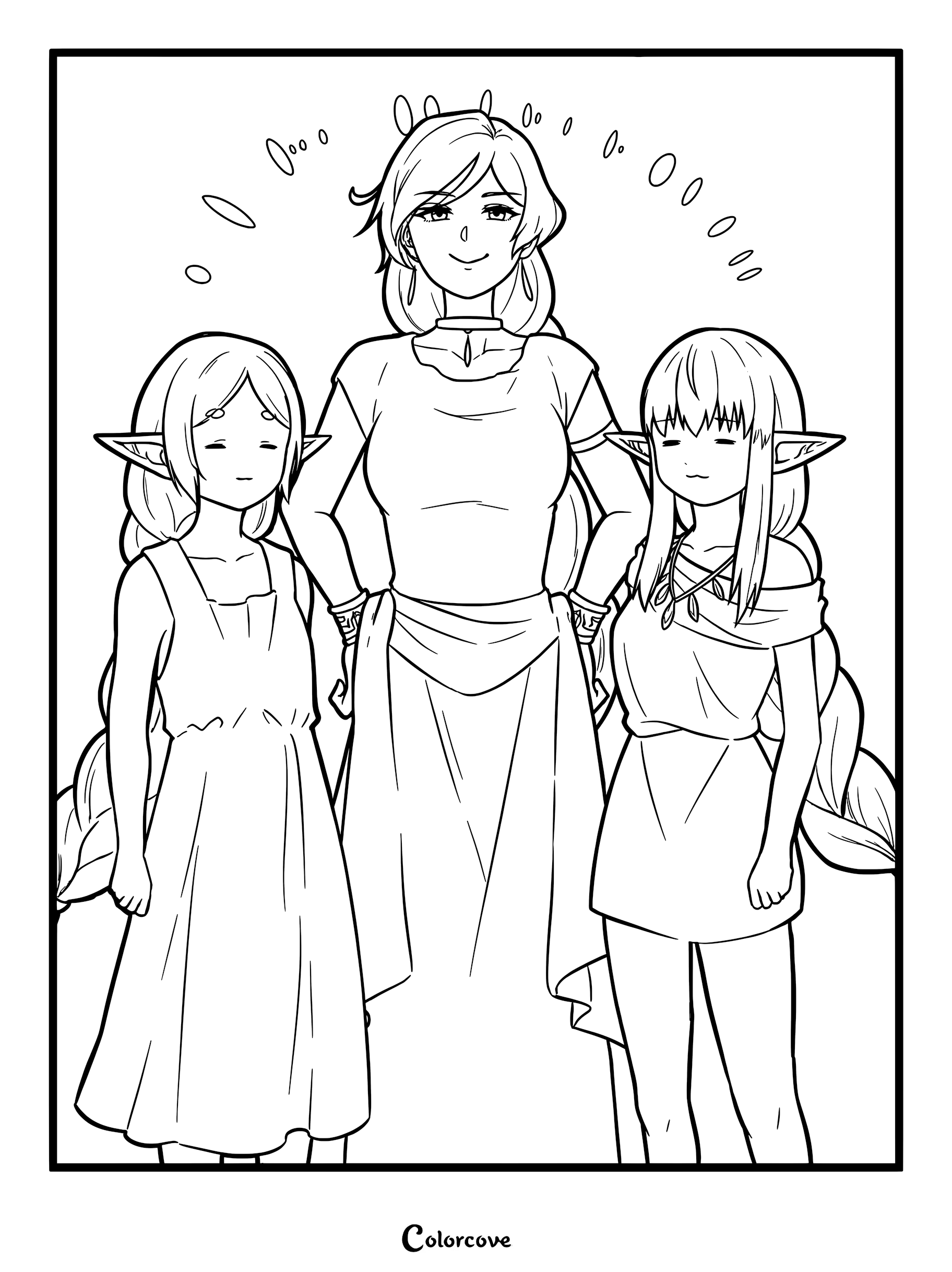 Line art coloring page featuring Frieren, Serie, and Flamme standing together in a group portrait.