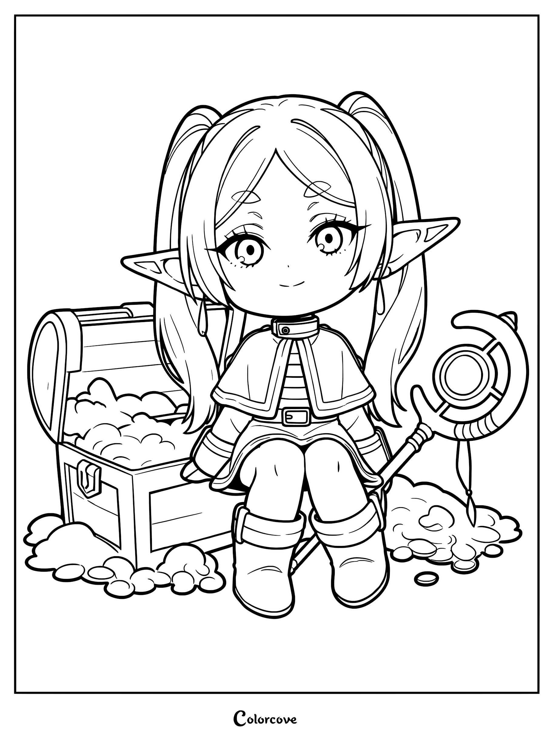 Chibi Frieren sitting next to an open treasure chest filled with gold, holding her signature staff, line art coloring page.