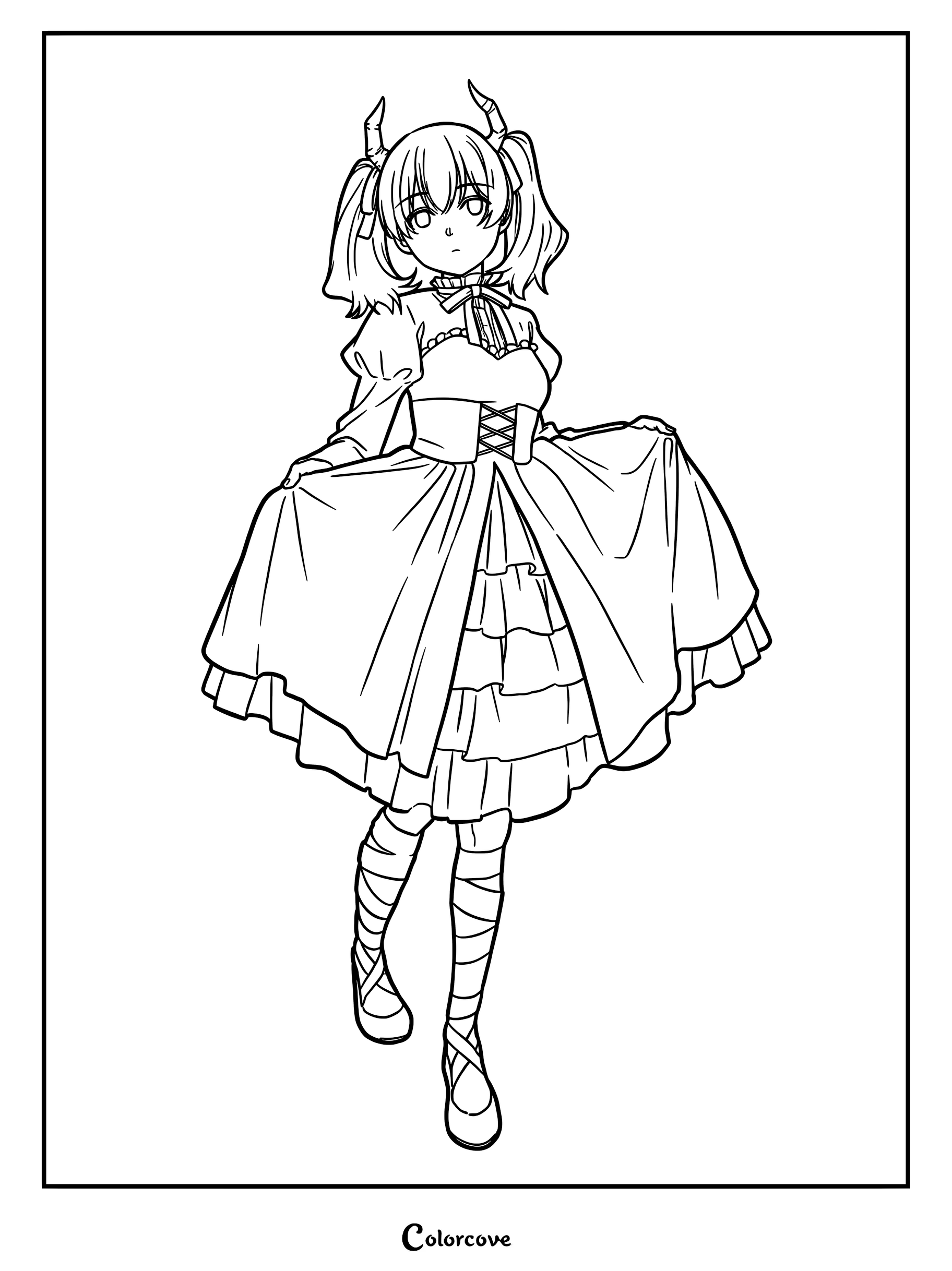 Linie from Frieren Beyond Journey's End wearing a ruffled dress and twin tails in a printable coloring page format.