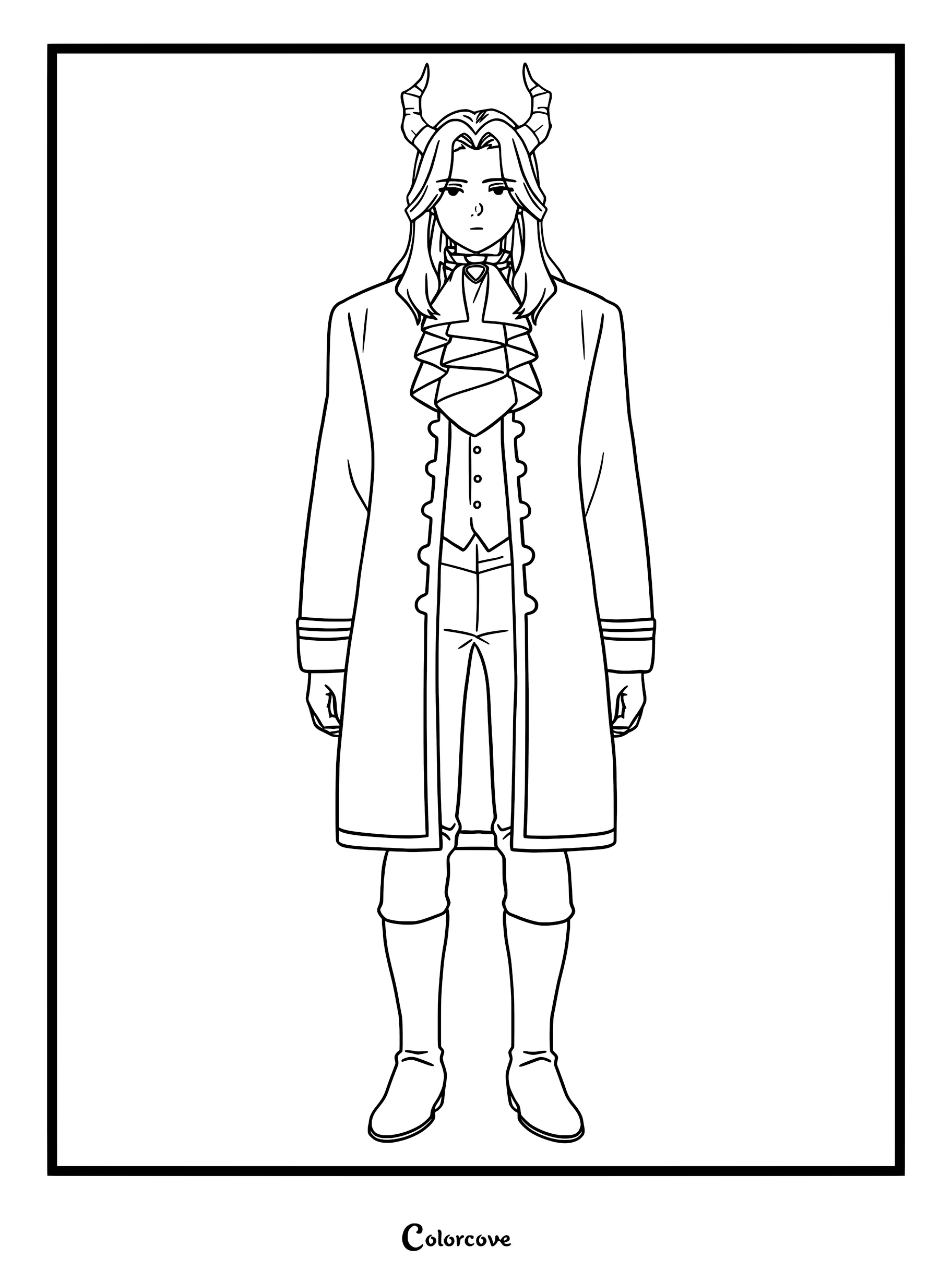 Lügner standing in a formal coat and cravat, detailed line art coloring page of the demon character.