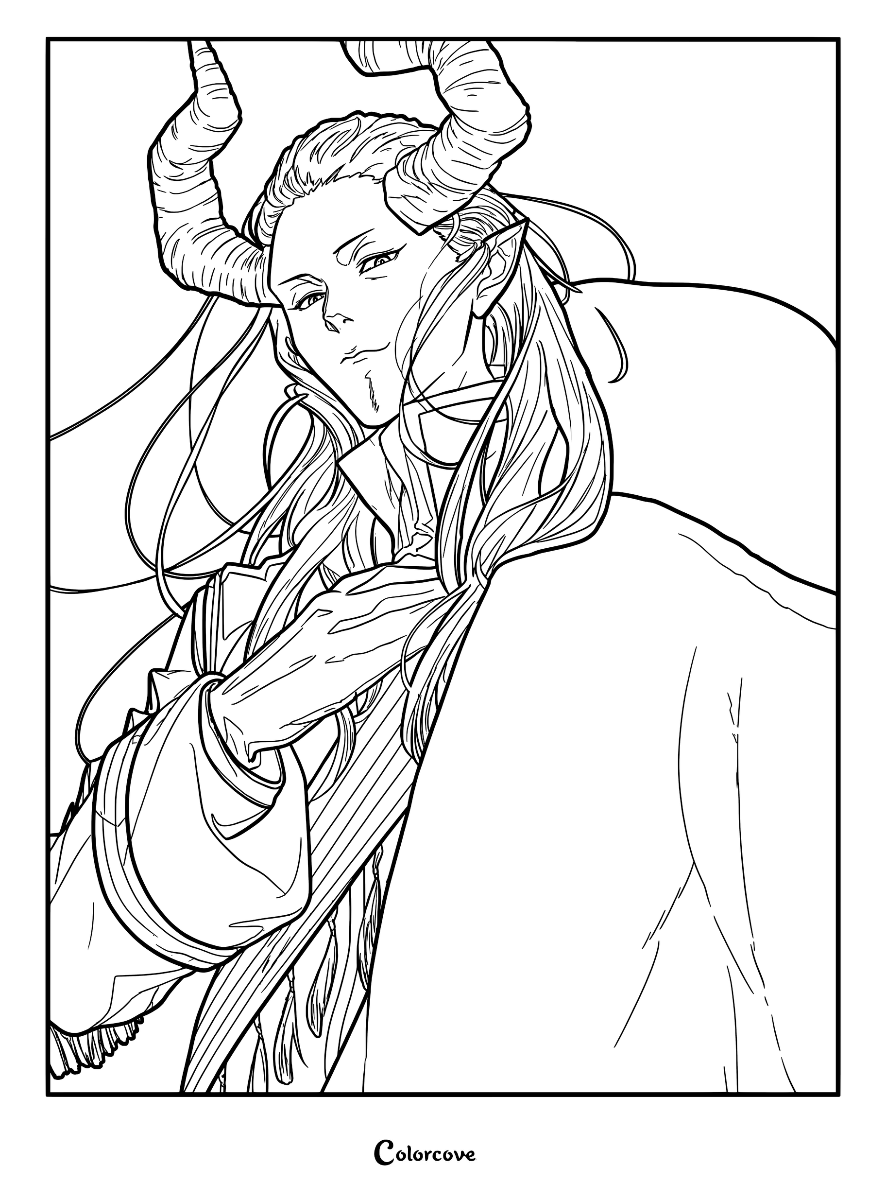 Detailed line art coloring page of Macht with long hair and large horns looking forward.