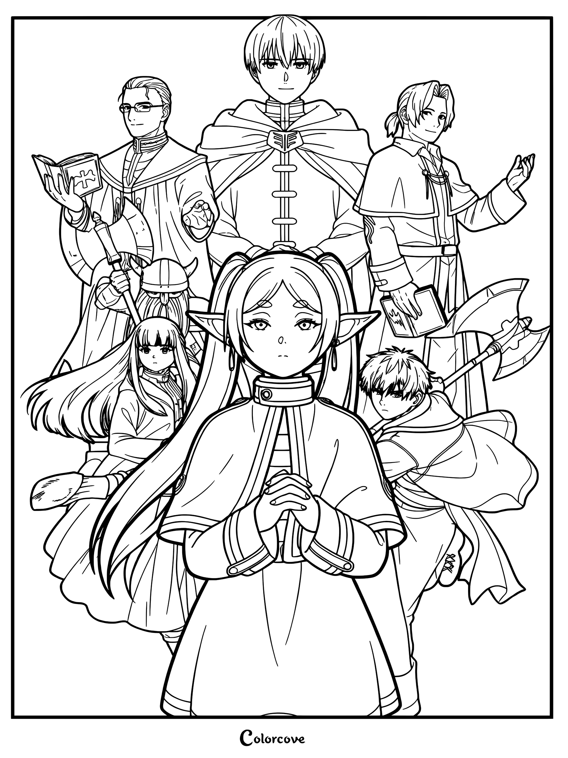 Line art coloring page featuring Frieren, Himmel, Heiter, Eisen, Fern, and Stark from Frieren Beyond Journey's End.