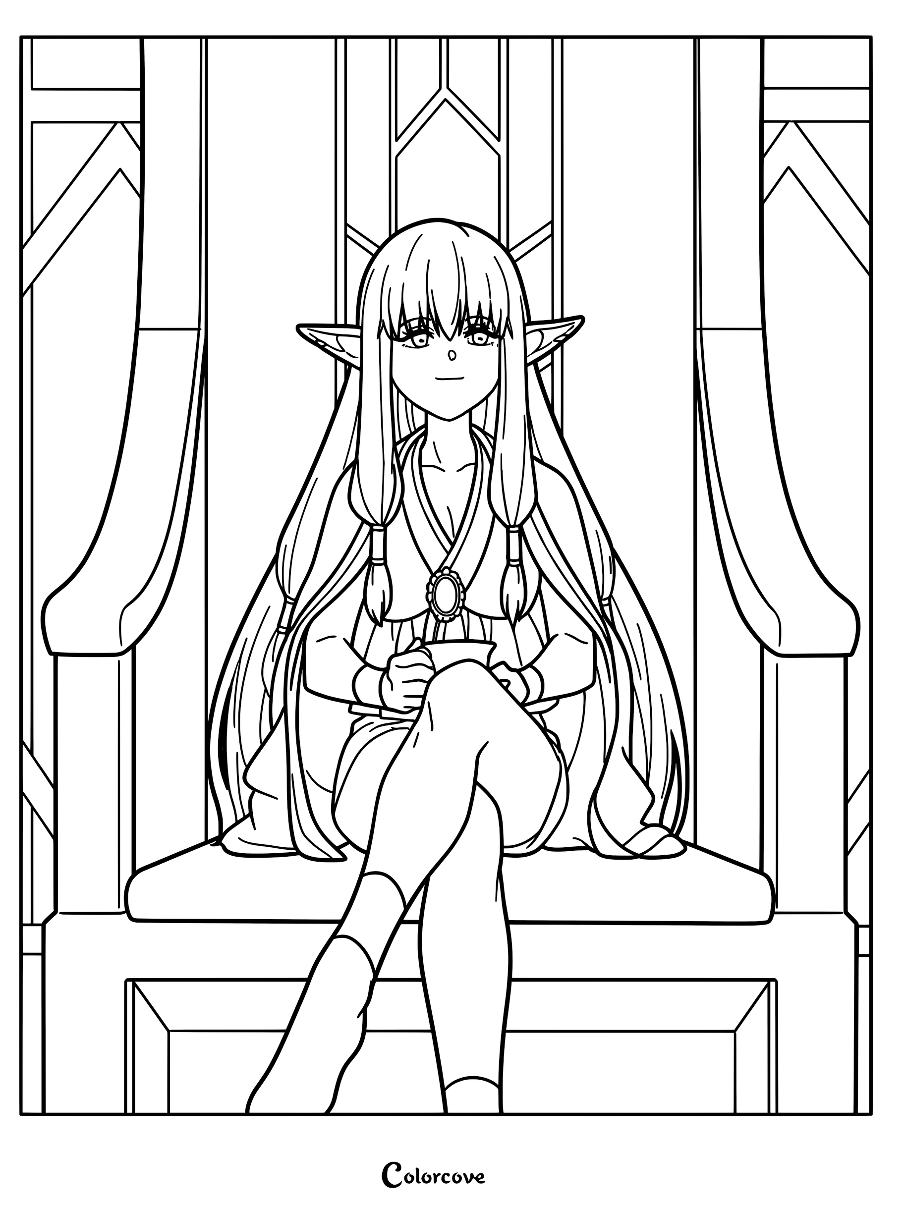 Serie from Frieren Beyond Journey's End sitting on her ancient throne, holding a cup, detailed line art coloring page.