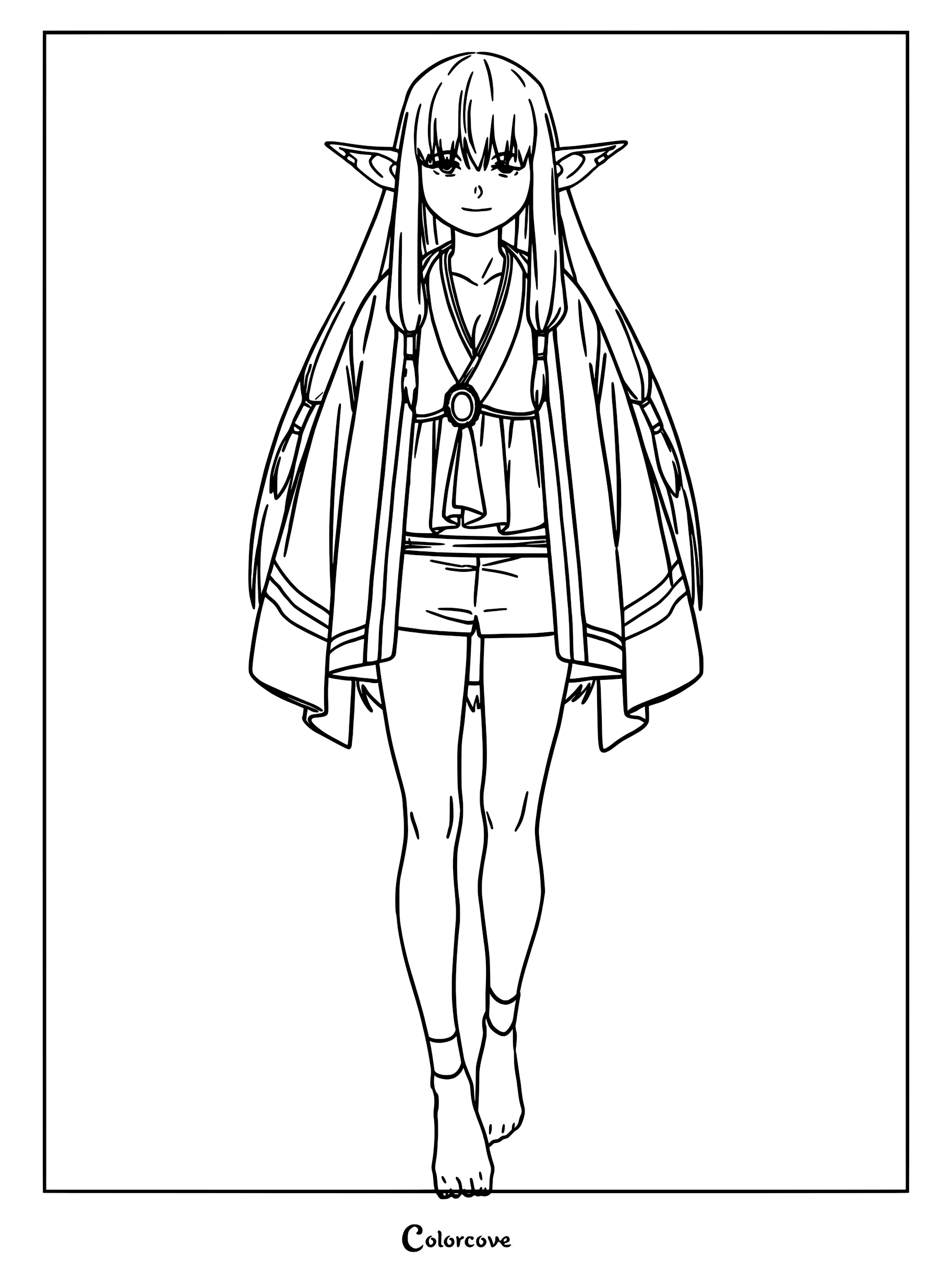 Line art coloring page of Serie from Frieren Beyond Journey's End standing in her signature robes with long hair and pointed ears.