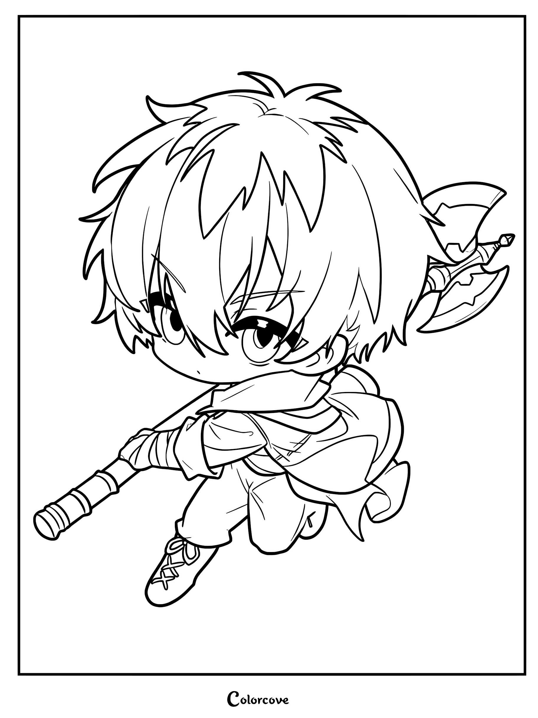 A cute chibi Stark from Frieren Beyond Journey's End holding his large battle axe in a dynamic pose, printable coloring page.