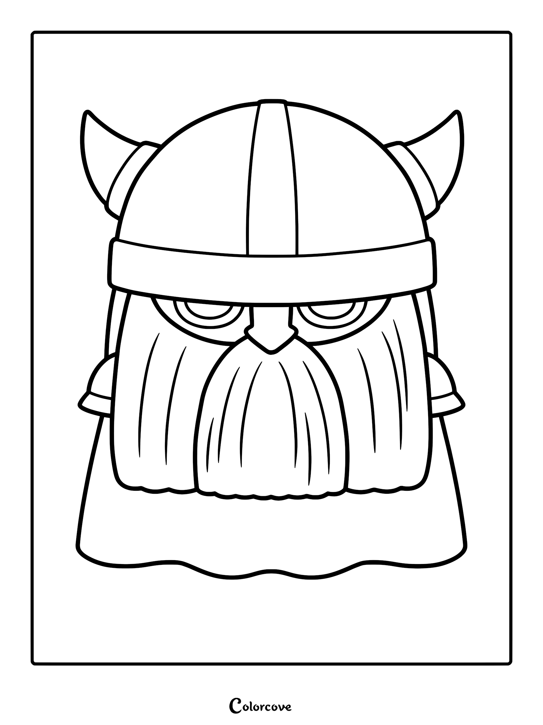 A simple line art coloring page featuring a chibi Eisen from Frieren Beyond Journey's End wearing his signature horned helmet and thick beard.