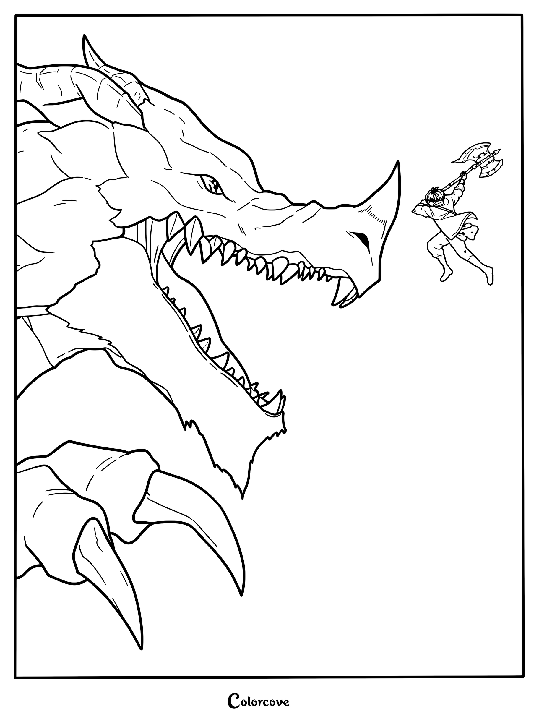Stark from Frieren Beyond Journey's End leaping to strike a massive solar dragon with his battle axe in this detailed printable coloring page.