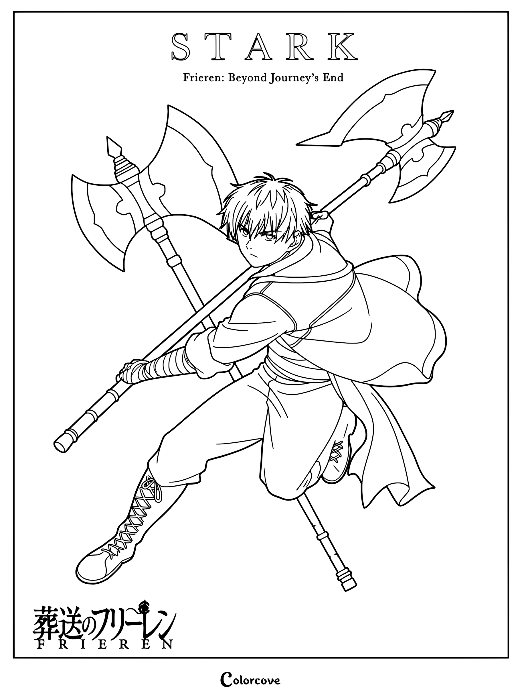Stark from Frieren Beyond Journey's End holding a large battle axe in a dynamic combat pose, printable line art coloring page.