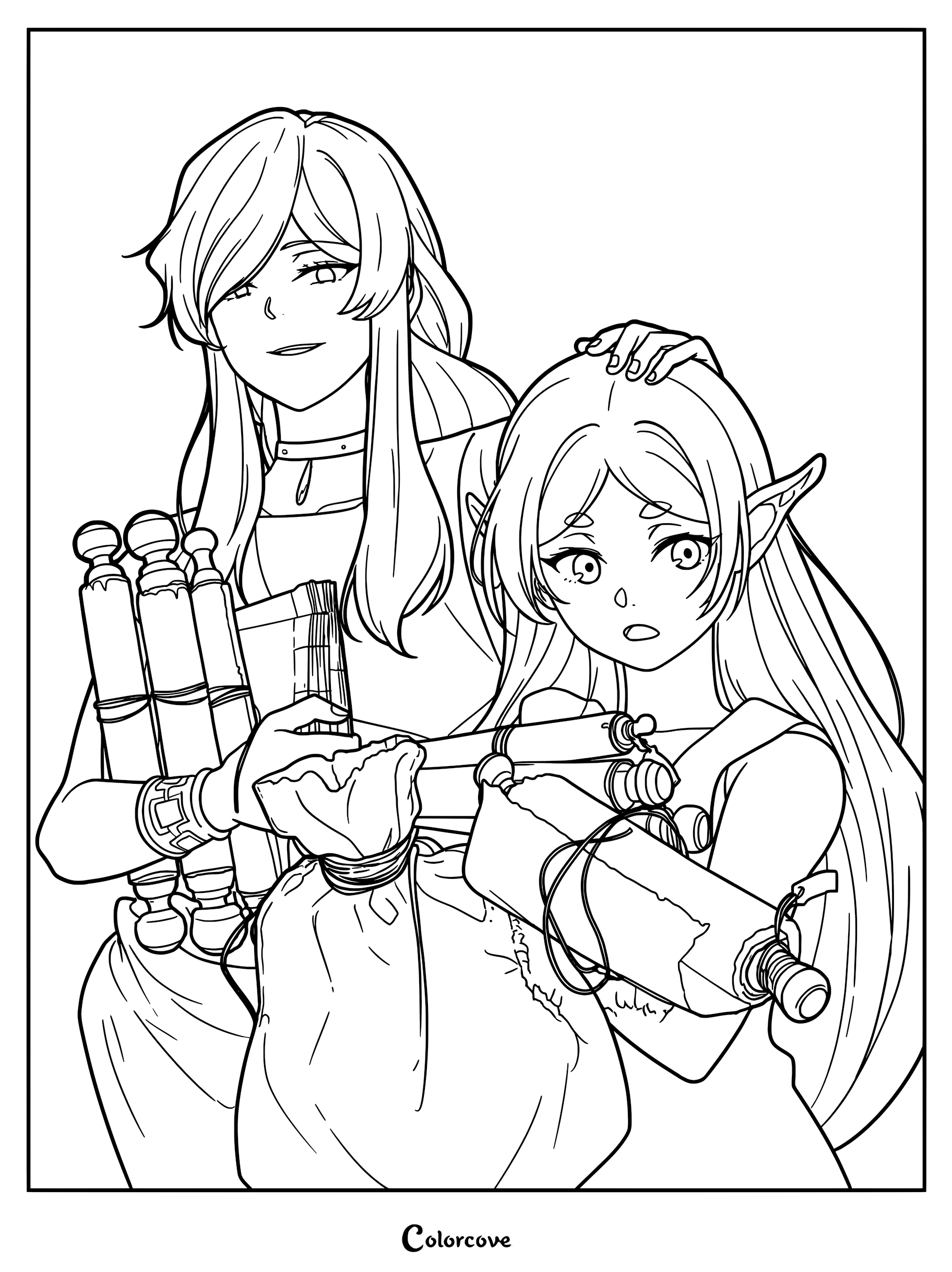 A detailed line art coloring page featuring Flamme gently patting the head of a young Frieren while they hold magical scrolls.