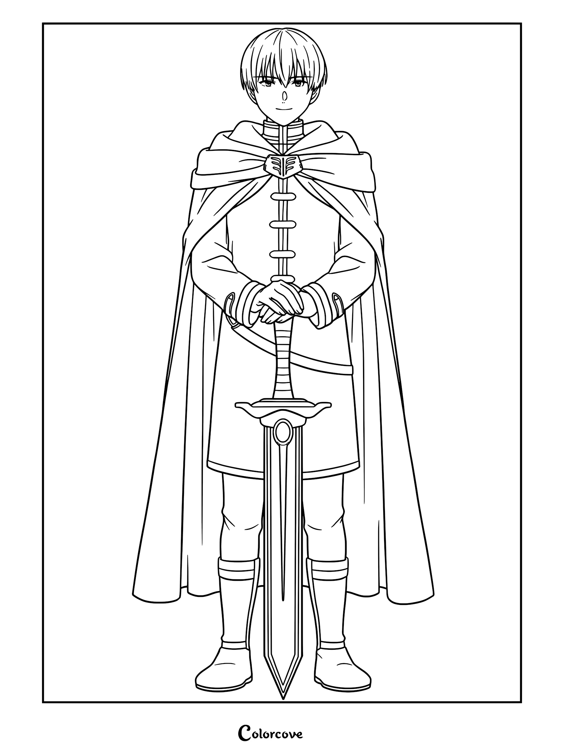 Himmel from Frieren Beyond Journey's End wearing his iconic blue coat and holding the Hero Sword in a printable coloring page.