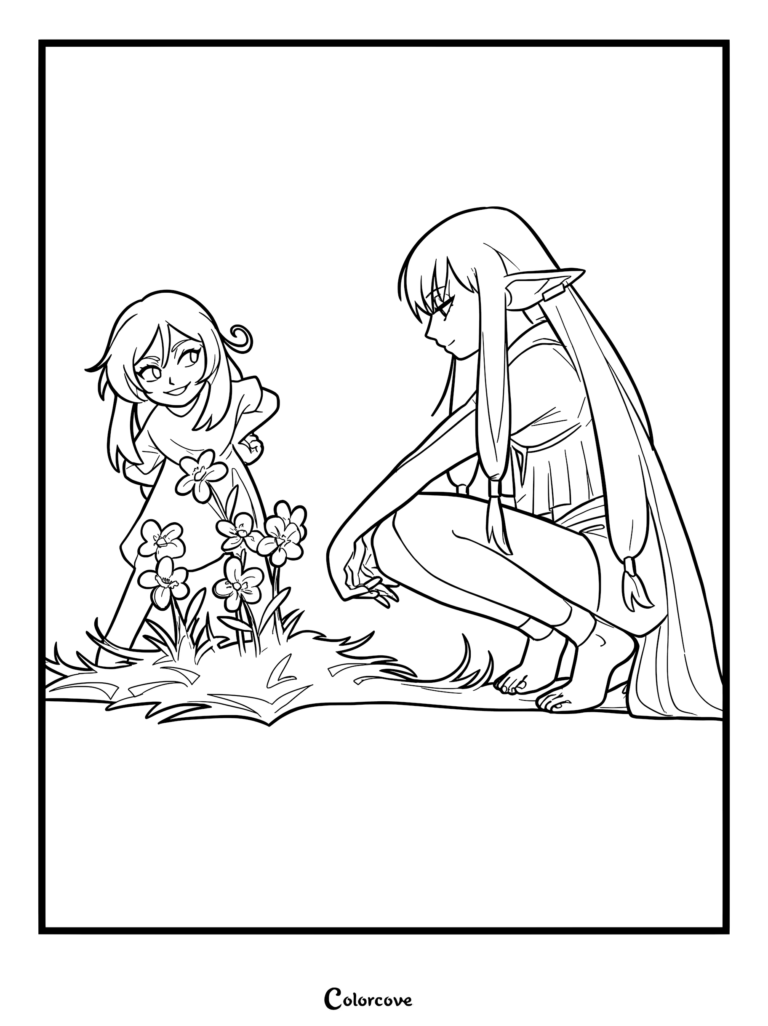 A printable coloring page featuring a young Flamme observing Serie as she teaches magic near a patch of flowers in Frieren Beyond Journey's End.